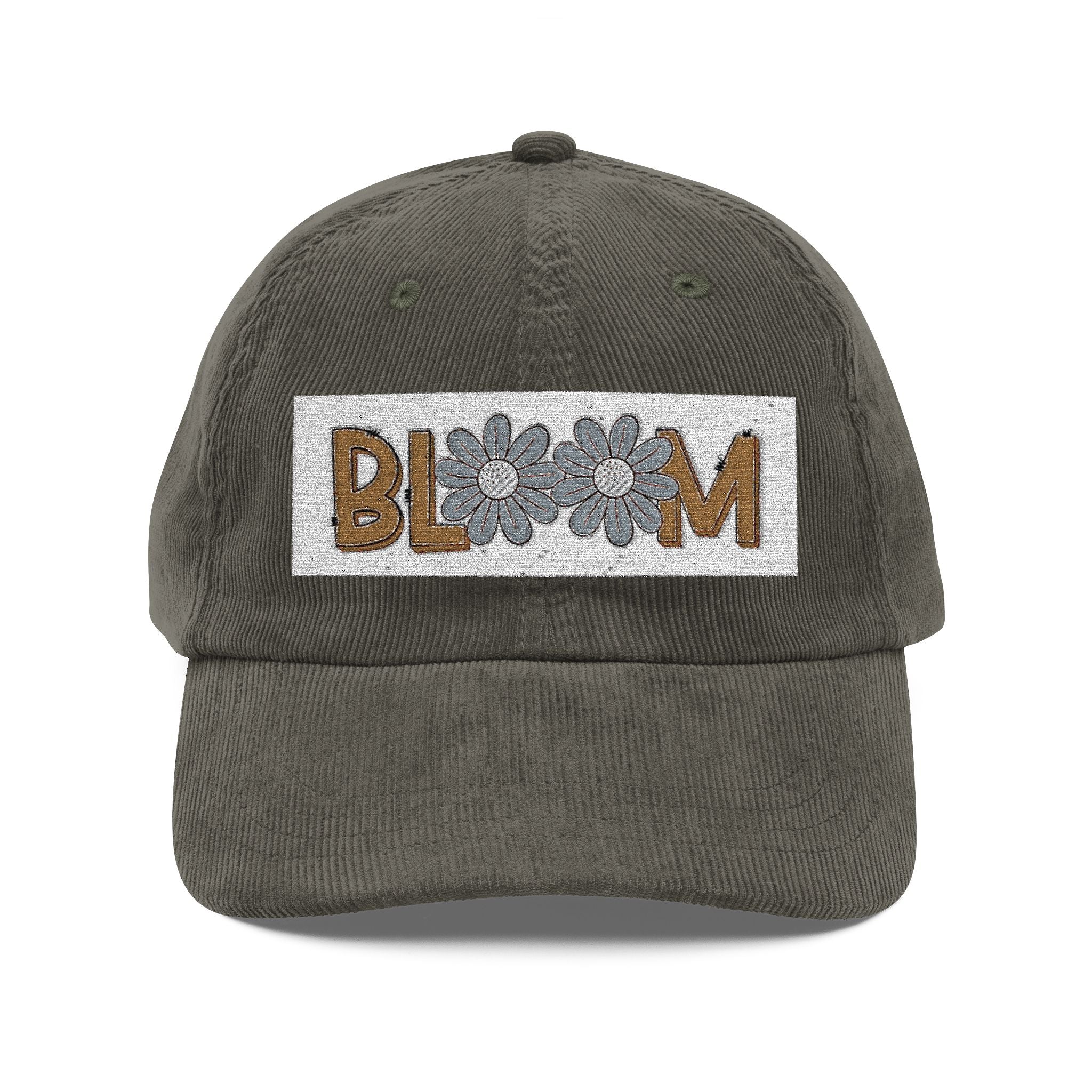 Vintage Corduroy Cap — Embroidered 'BLOOM' Floral Patch