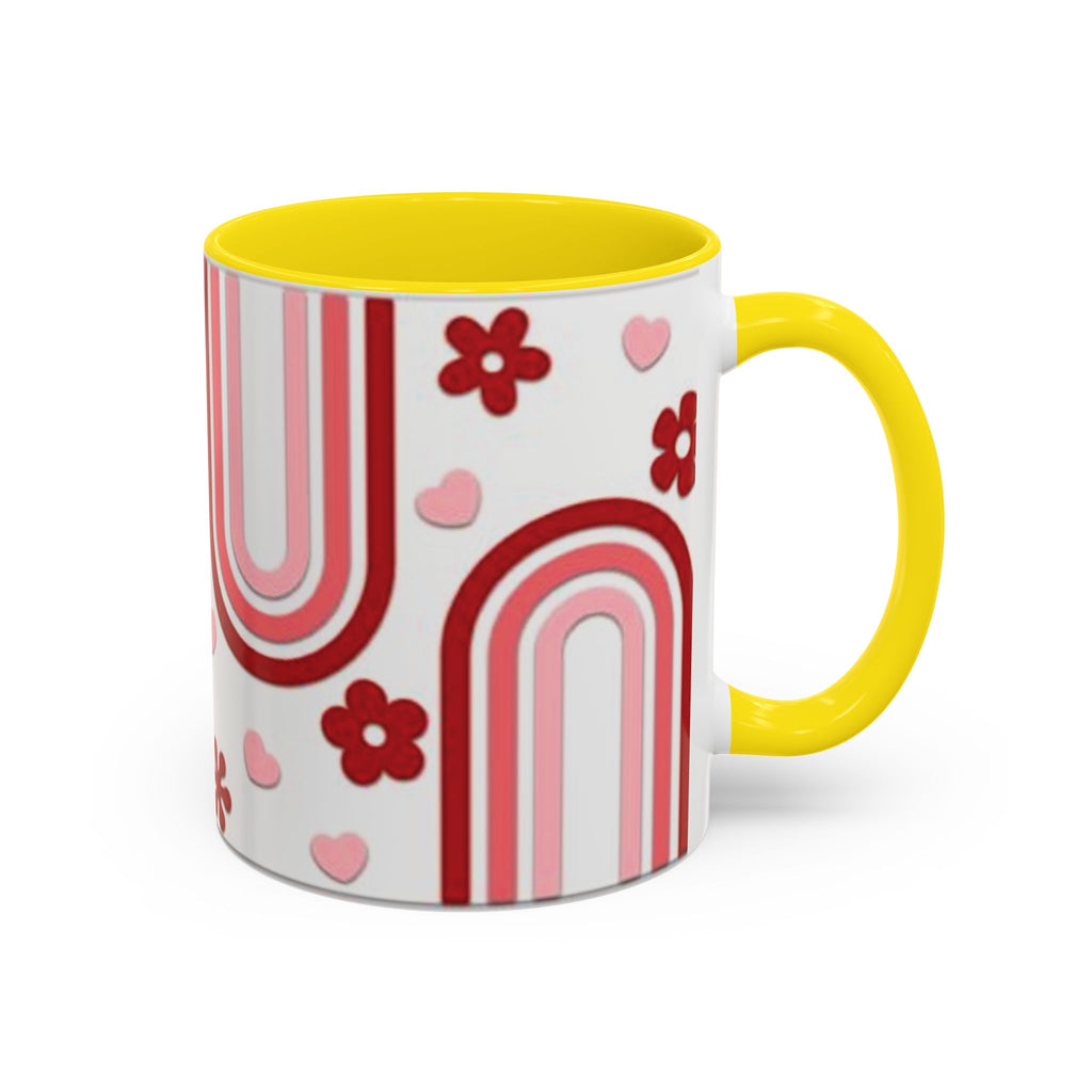 Retro Pink Rainbow Hearts and Flowers Accent Mug | 11oz or 15oz