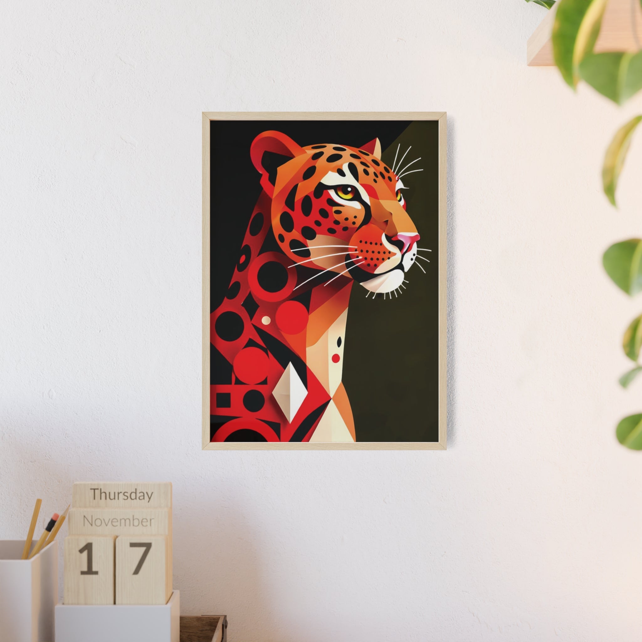Geometric Leopard Art Poster with Wooden Frame — Bold Wildlife Wall Decor