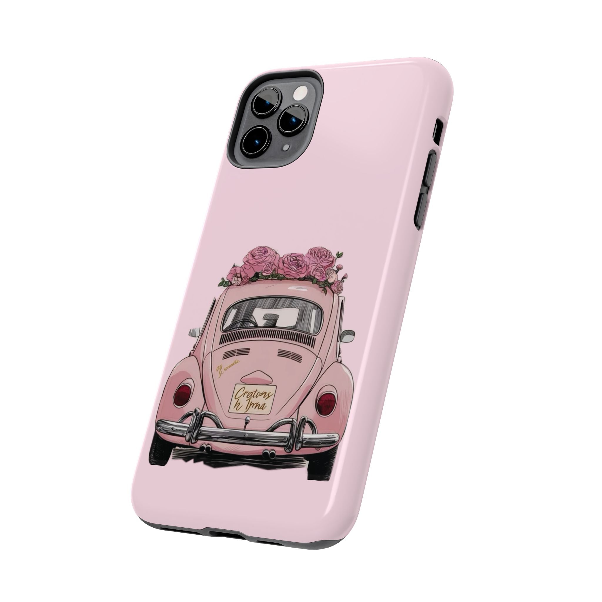 Vintage Pink Beetle with Roses Phone Case | Floral Car Tough Phone Case