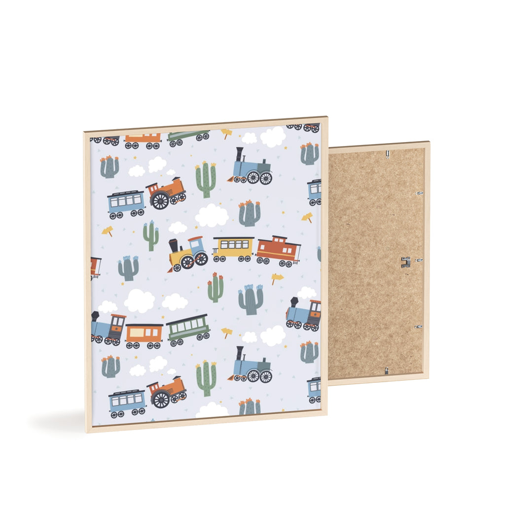 Kids' Train Poster with Wooden Frame — Nursery Wall Art, Playroom Decor