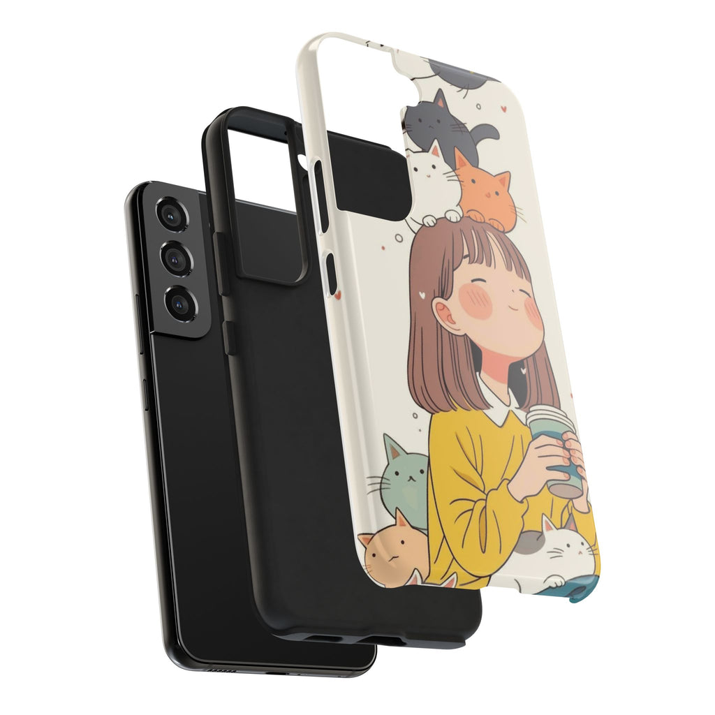Girl with Cats Phone Case | Cute Cat Stack Illustration