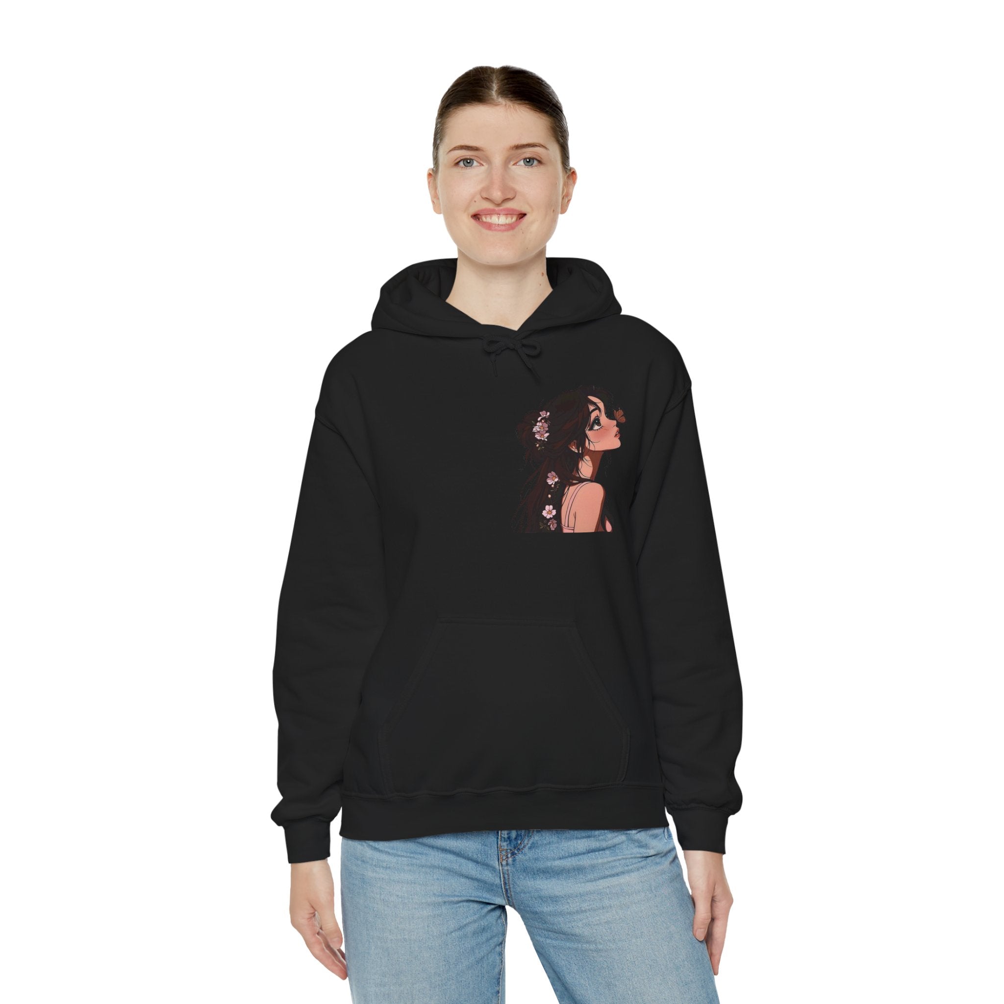Girl Looking Up with Butterfly Hoodie | Anime Portrait Sweatshirt