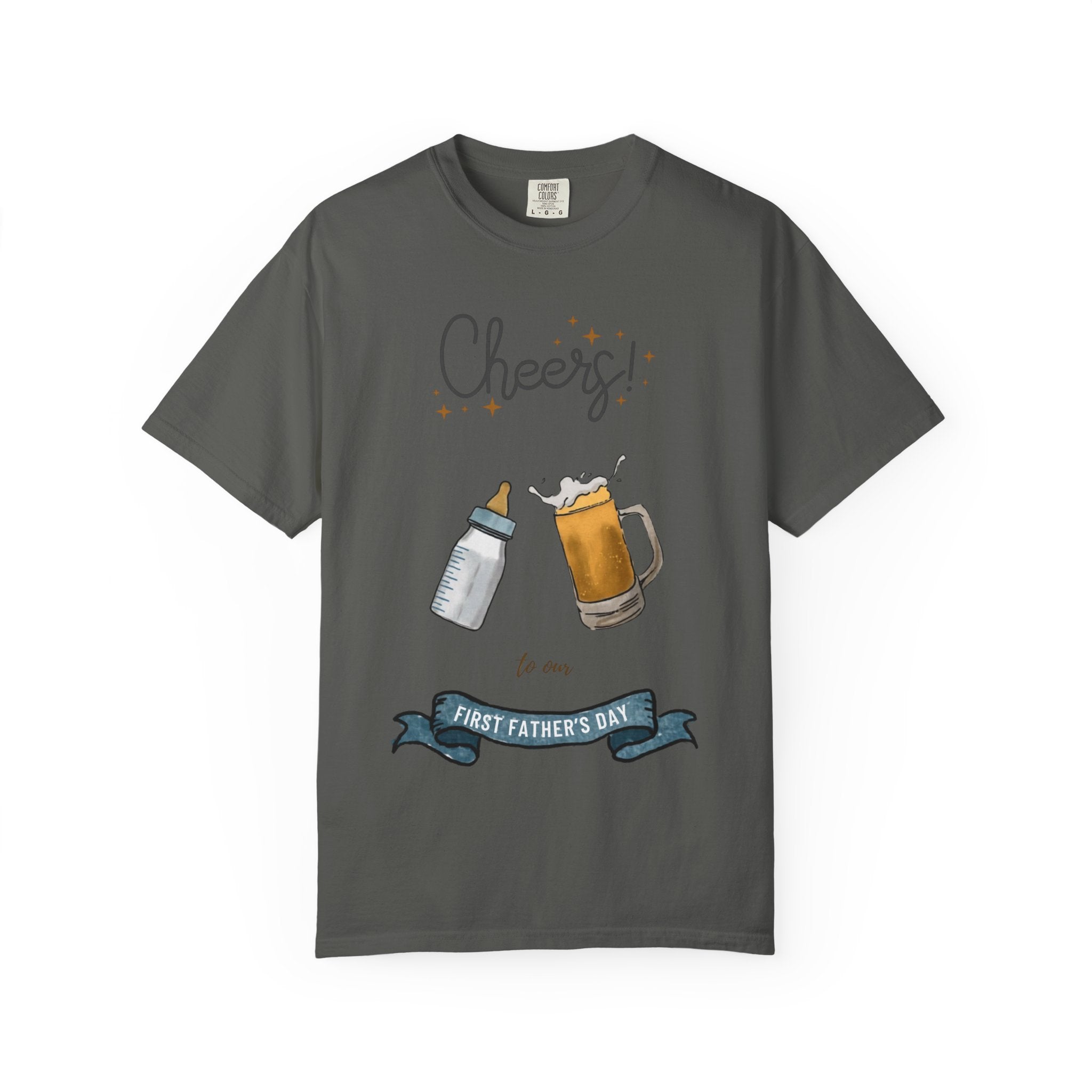 Cheers! Baby Bottle and Beer Mug First Father's Day T-Shirt | New Dad Tee