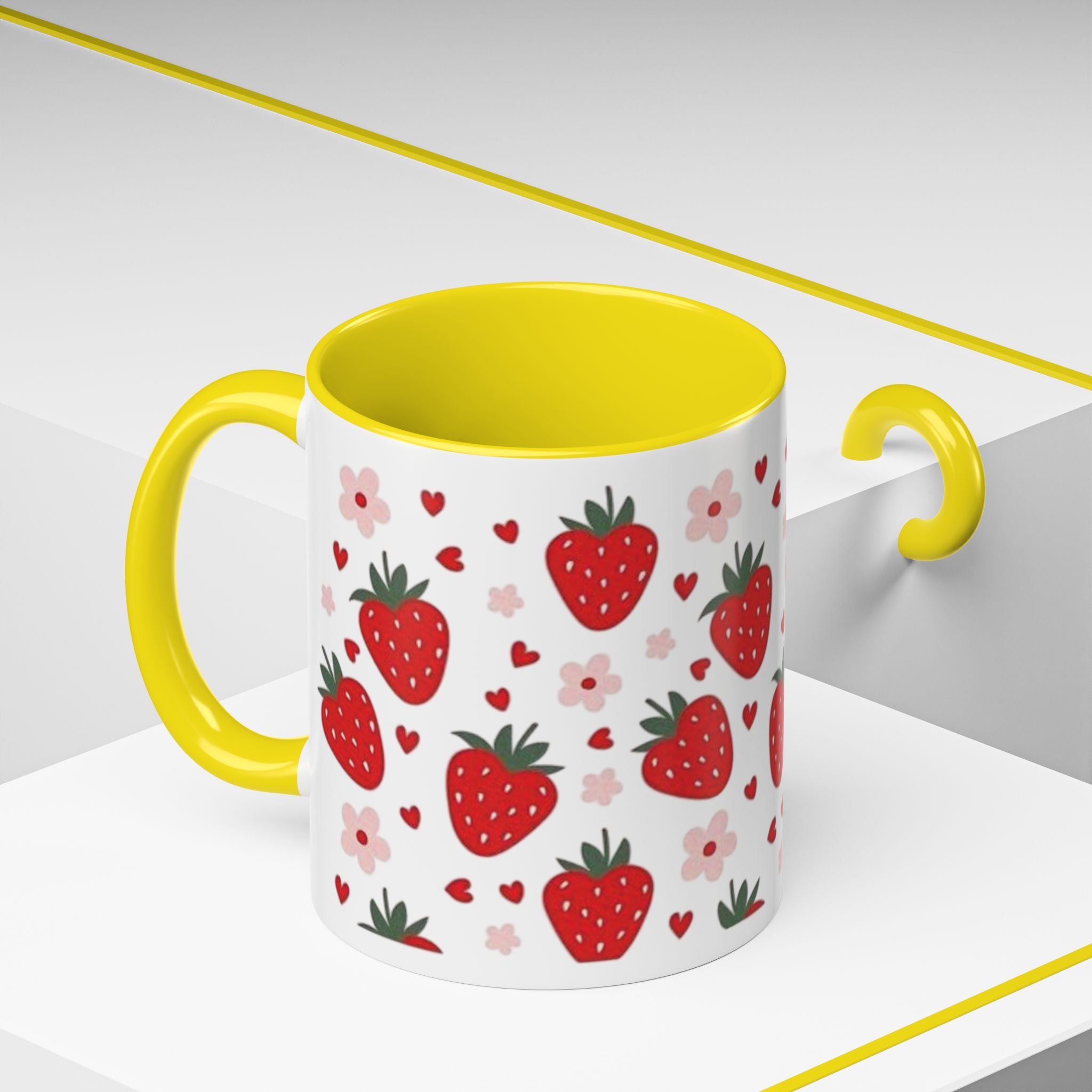Strawberry Pattern Accent Coffee Mug — Cute Red Berries & Hearts 11/15oz
