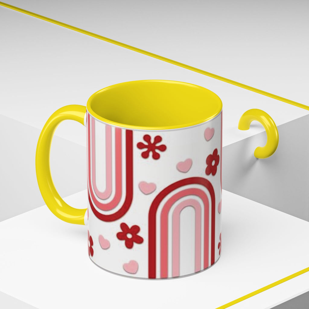 Retro Pink Rainbow Hearts and Flowers Accent Mug | 11oz or 15oz