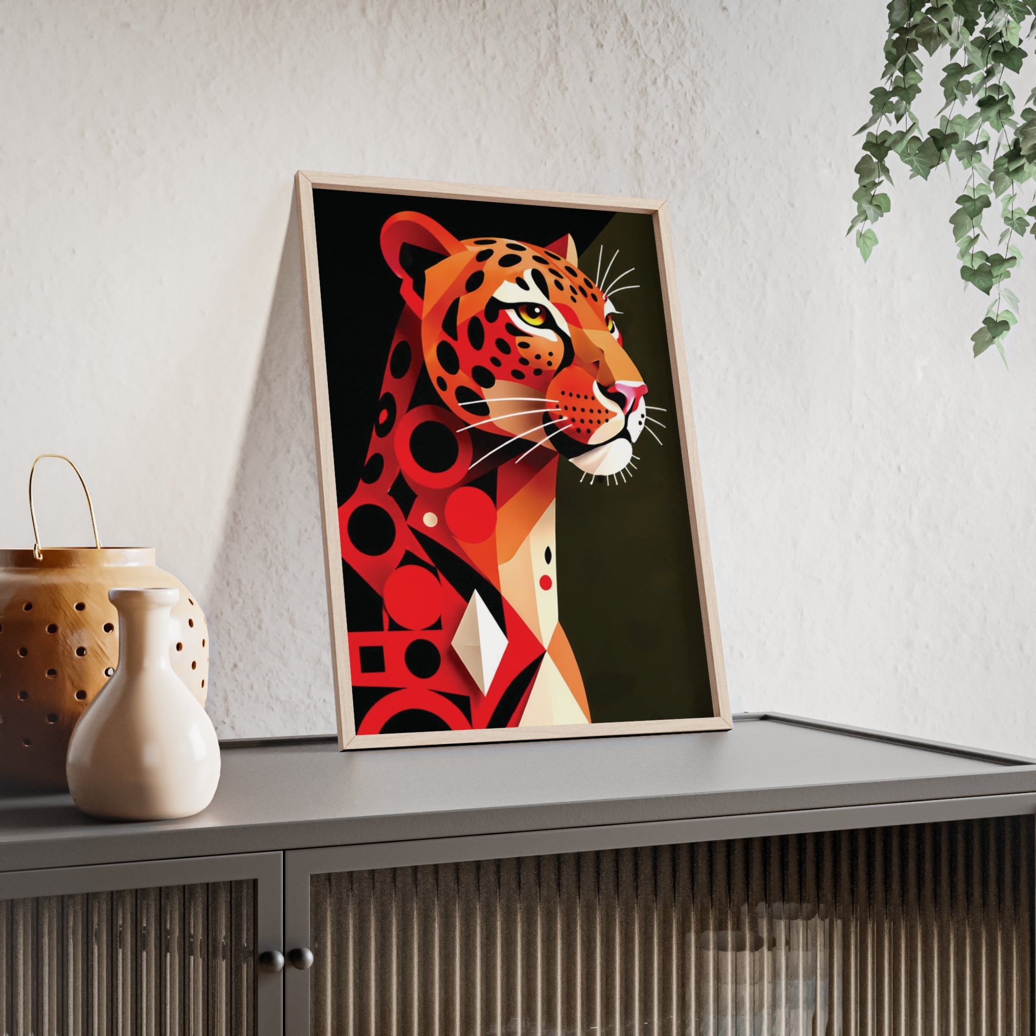 Geometric Leopard Art Poster with Wooden Frame — Bold Wildlife Wall Decor