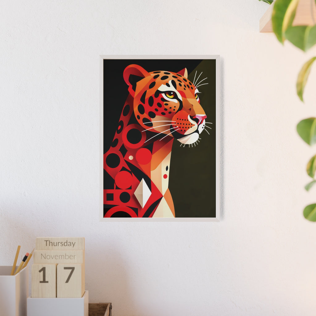 Geometric Leopard Art Poster with Wooden Frame — Bold Wildlife Wall Decor