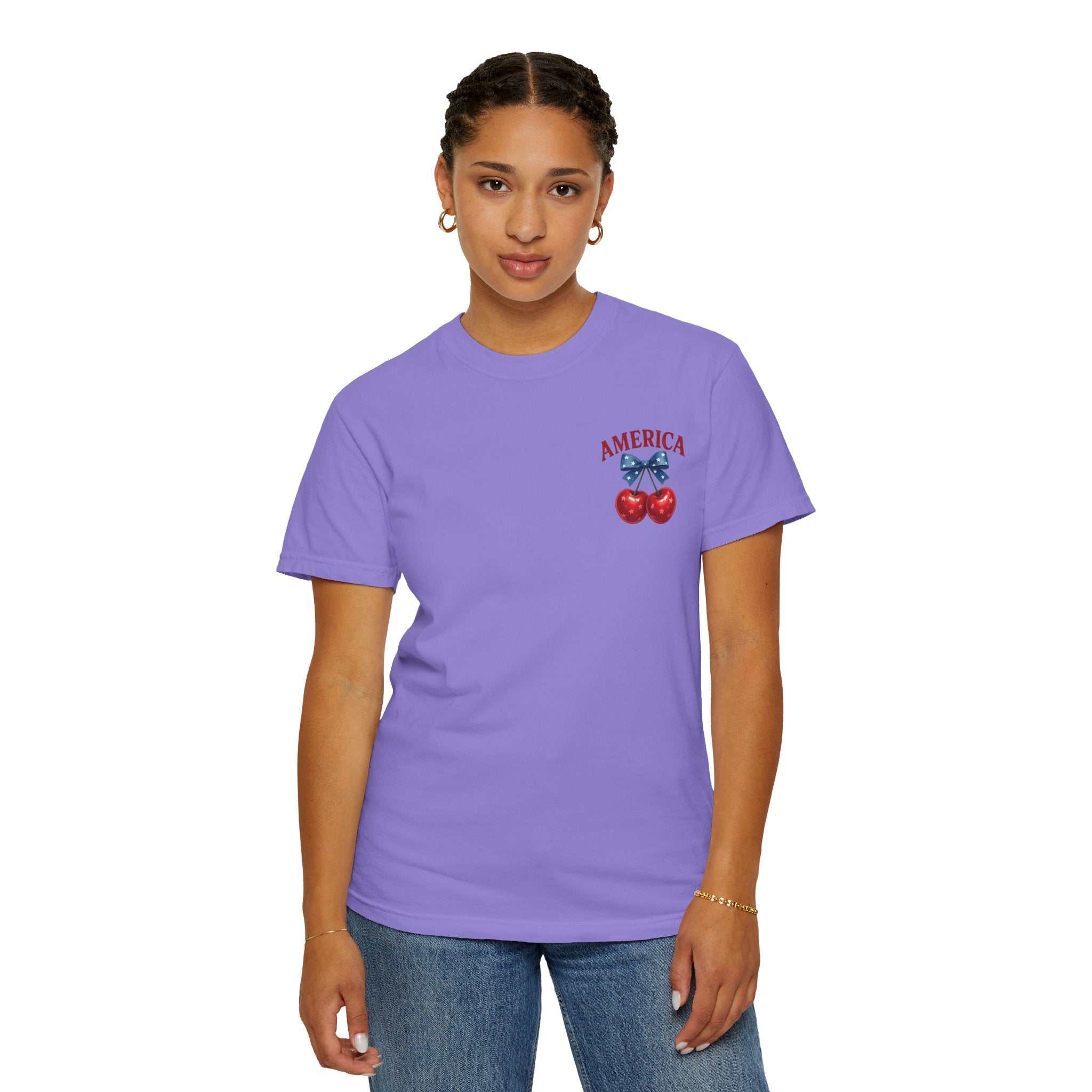 America Cherry Bow T-shirt | Patriotic Stars & Stripes Cherry Design
