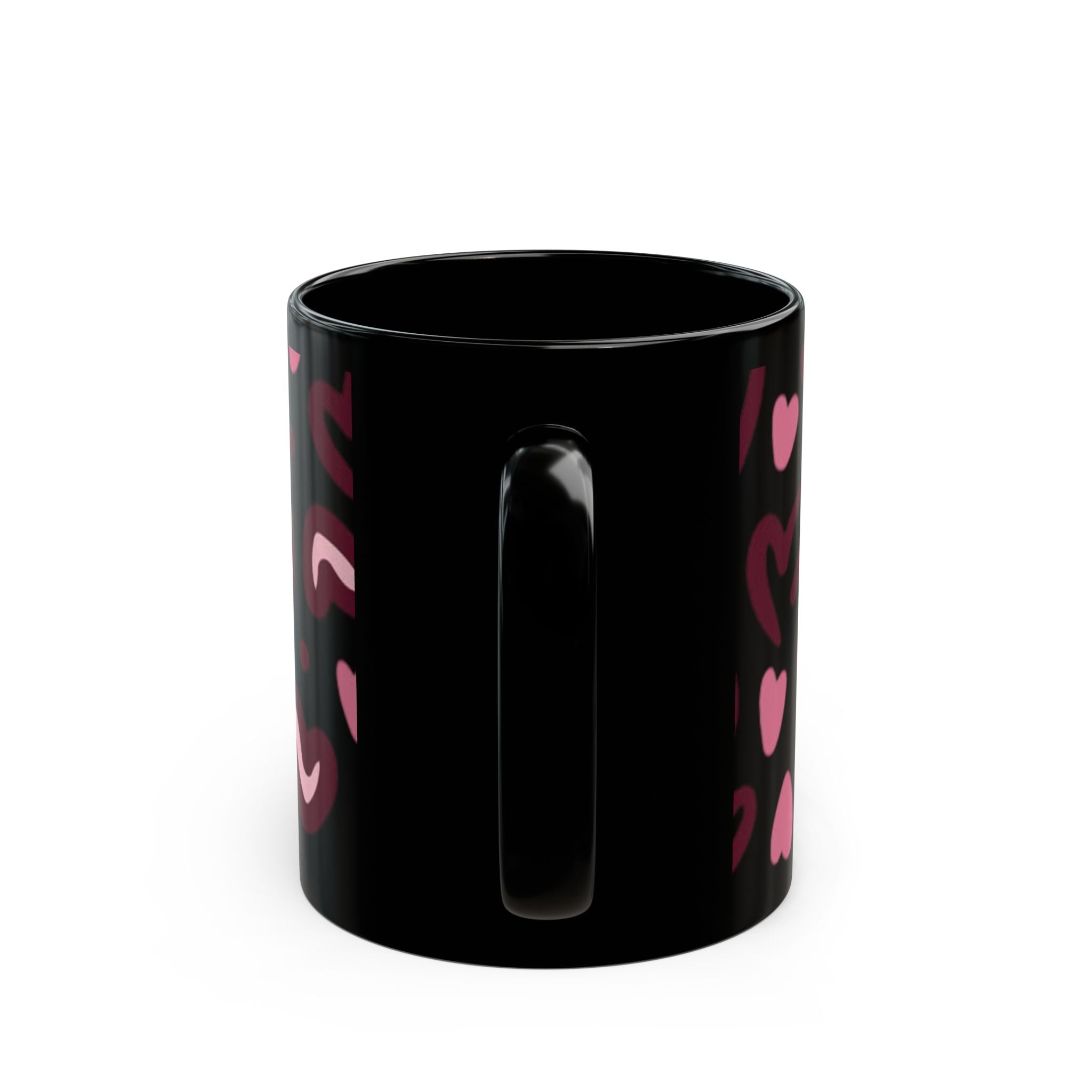Hand-Drawn Pink Hearts Black Mug | Ceramic Heart Pattern Coffee Mug