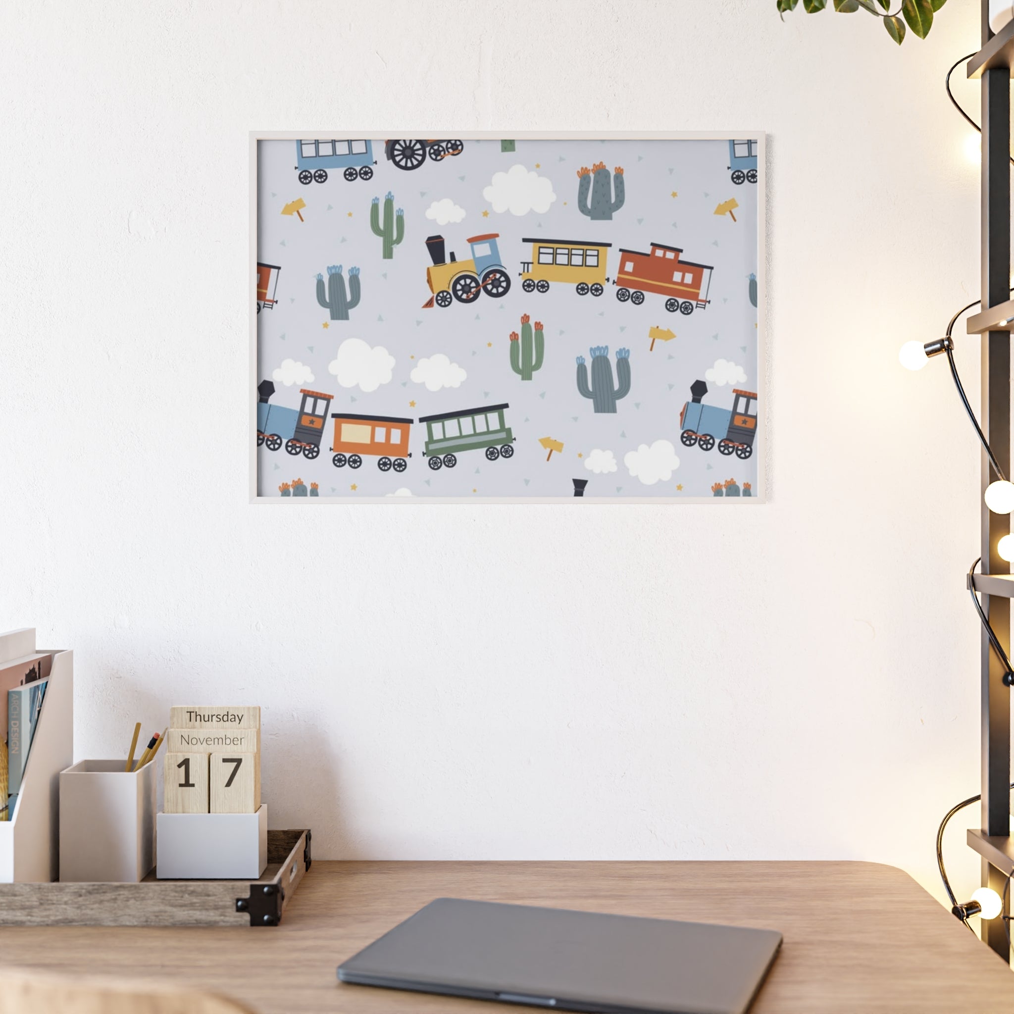 Kids' Train Poster with Wooden Frame — Nursery Wall Art, Playroom Decor