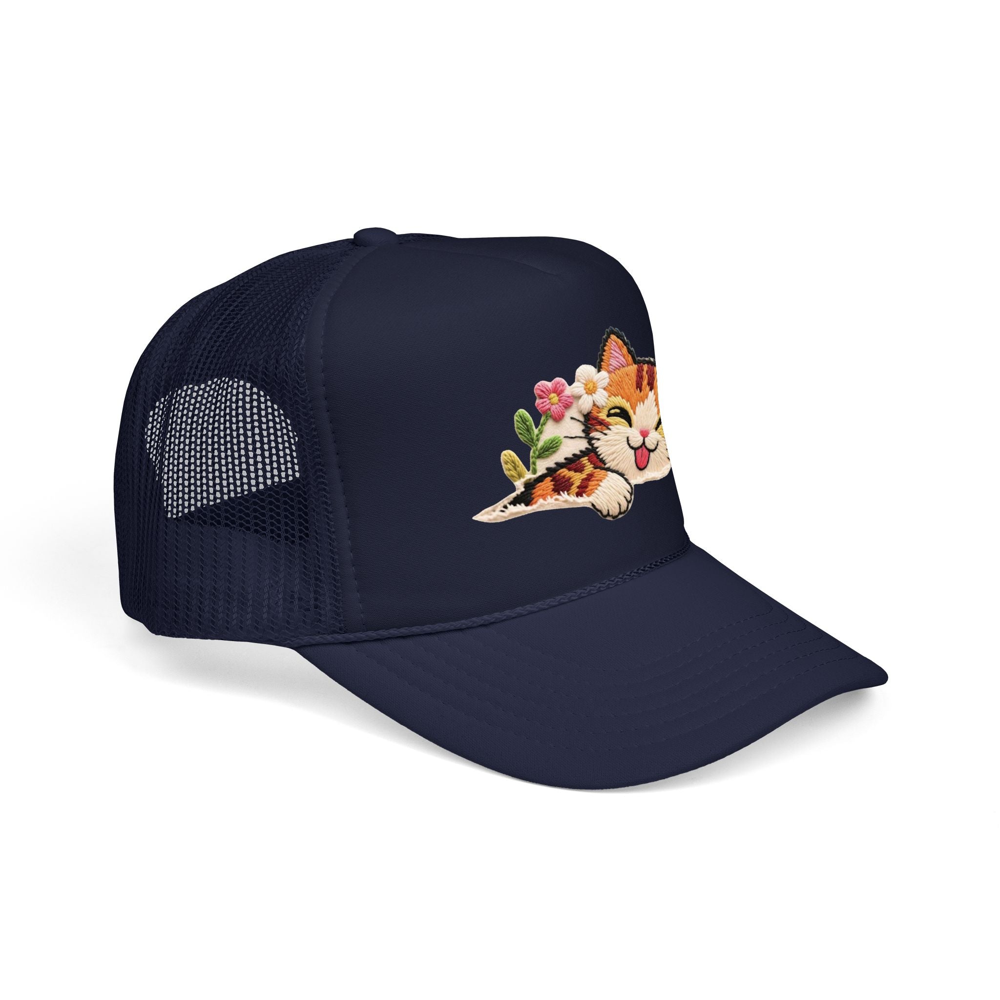 Trucker Hat — Cute Sleeping Calico Cat with Flowers Foam Mesh Cap