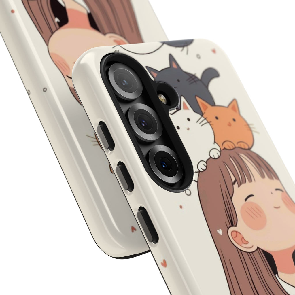 Girl with Cats Phone Case | Cute Cat Stack Illustration