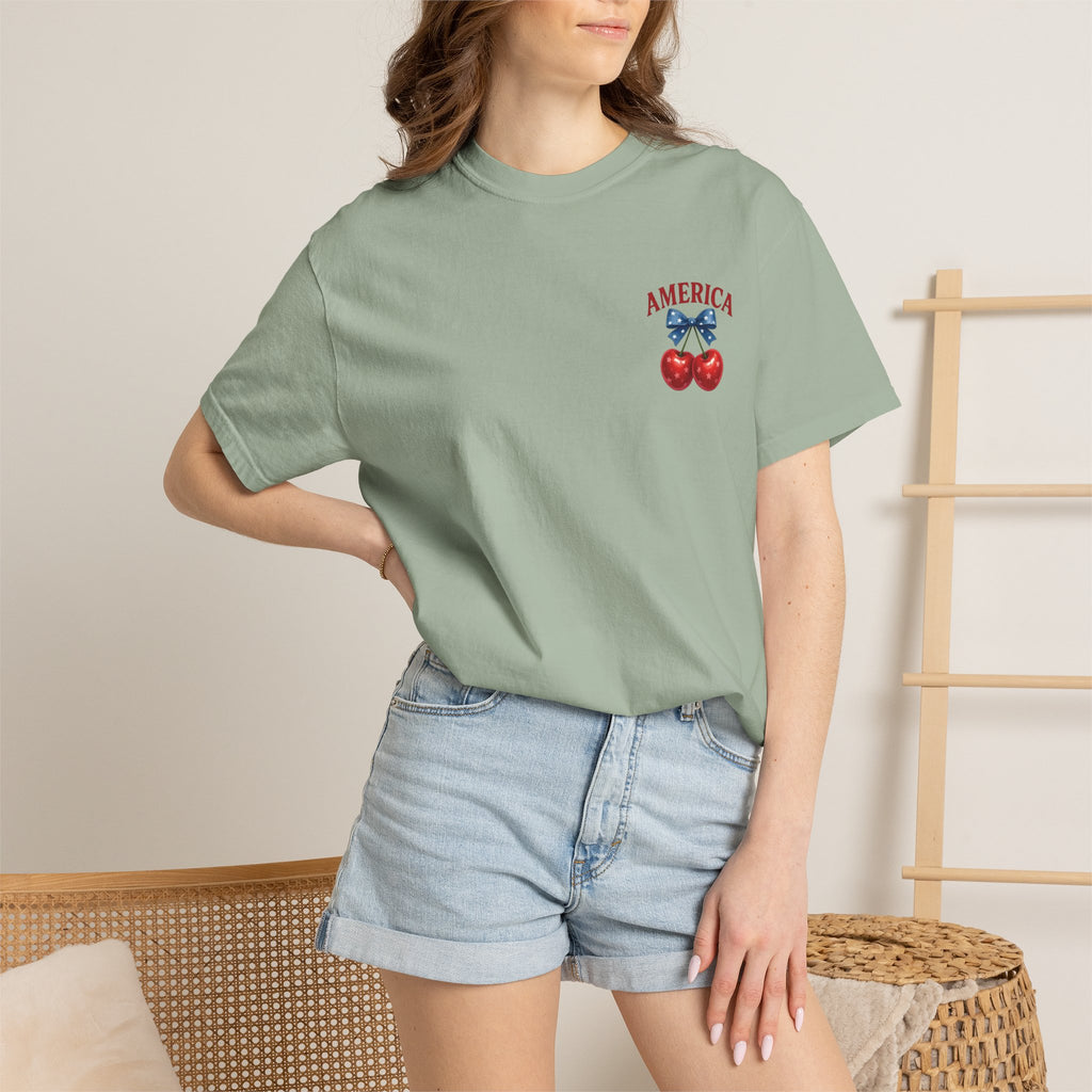 America Cherry Bow T-shirt | Patriotic Stars & Stripes Cherry Design