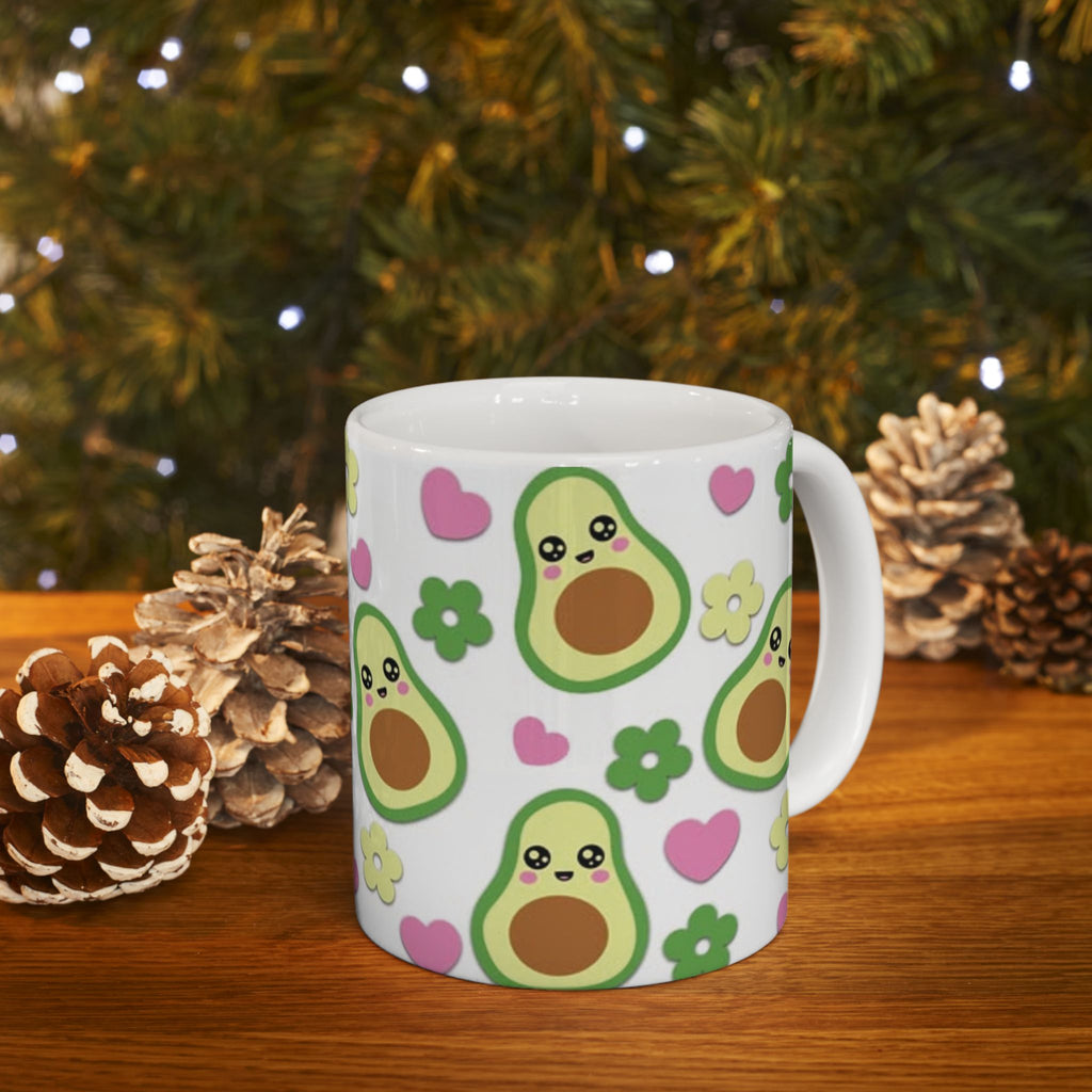 Avocado Pattern Ceramic Mug — Cute Kawaii Avocado Hearts & Flowers Coffee Cup (11oz/15oz)