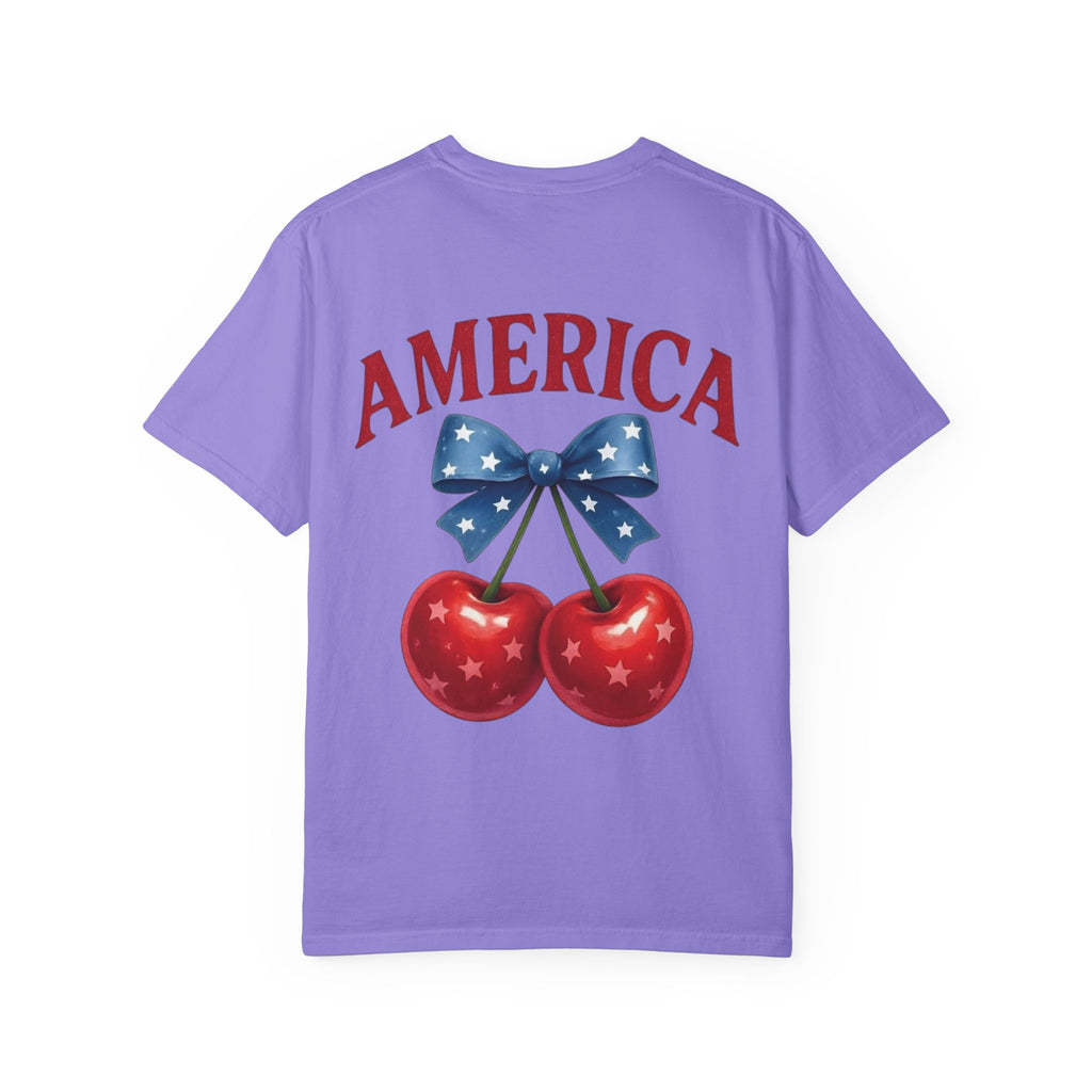 America Cherry Bow T-shirt | Patriotic Stars & Stripes Cherry Design