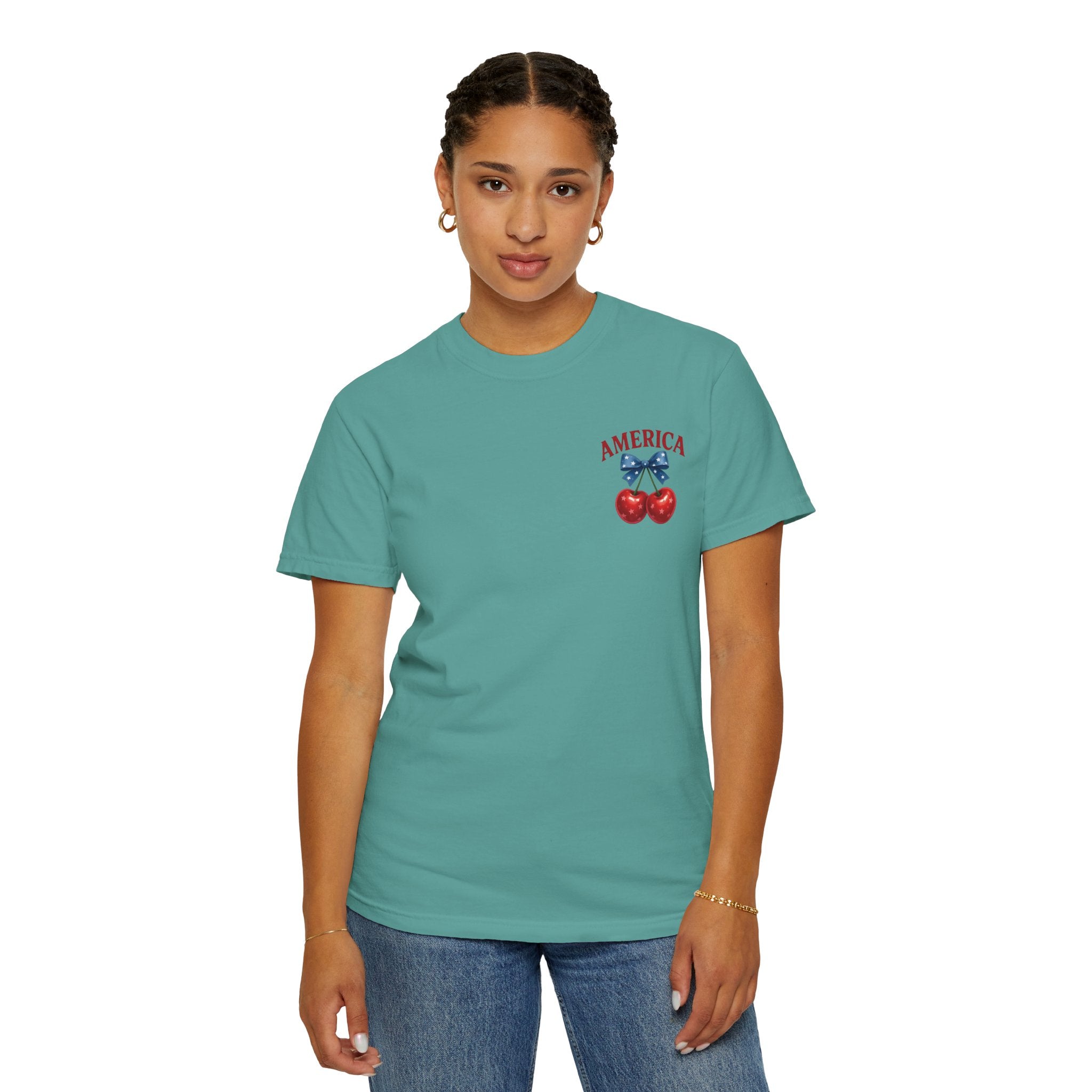 America Cherry Bow T-shirt | Patriotic Stars & Stripes Cherry Design