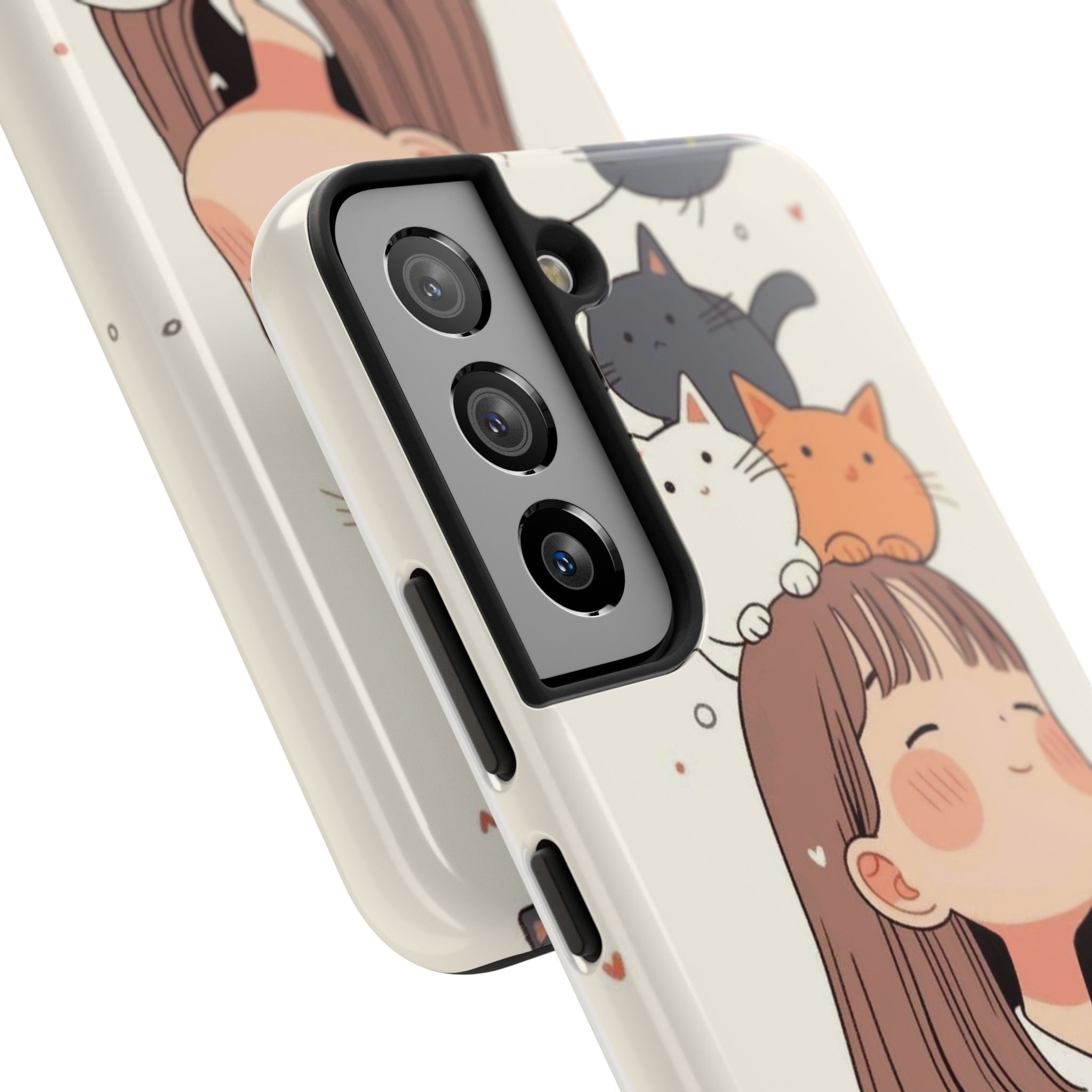 Girl with Cats Phone Case | Cute Cat Stack Illustration