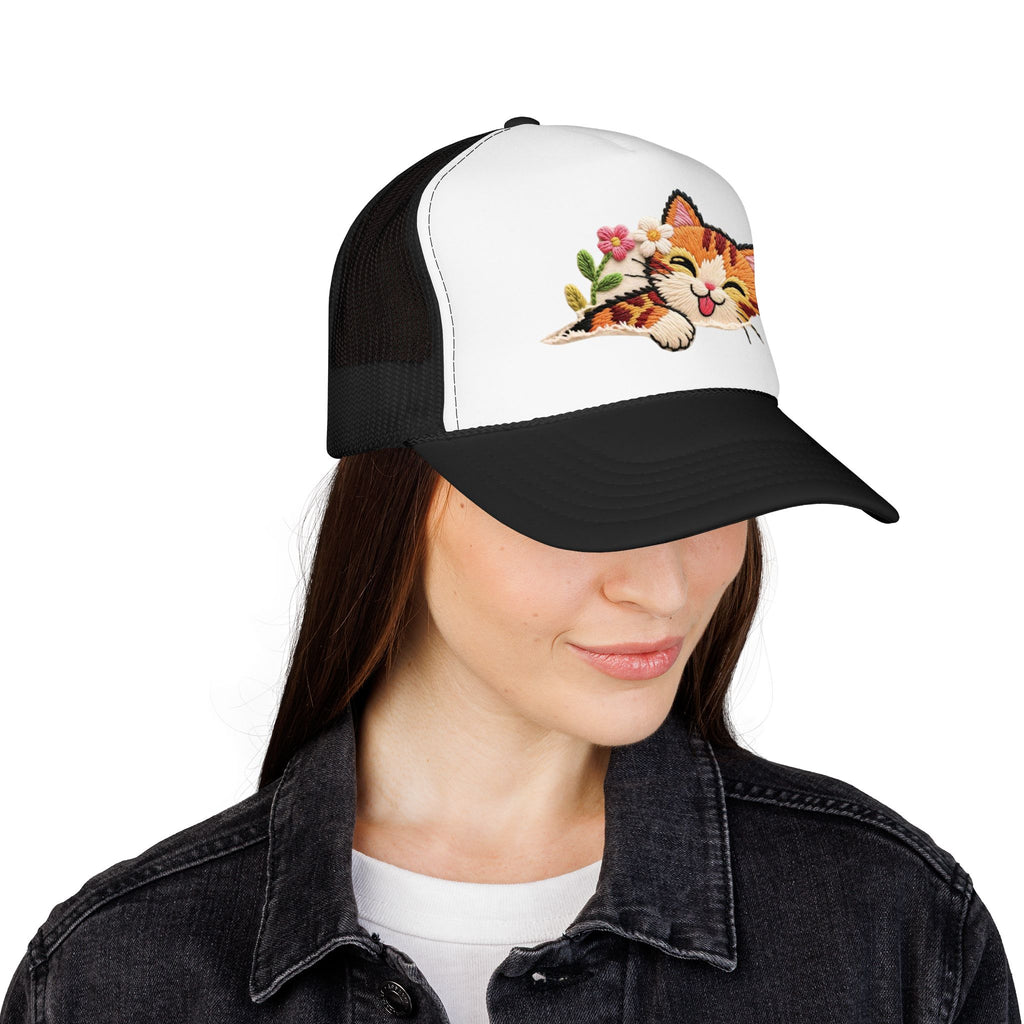 Trucker Hat — Cute Sleeping Calico Cat with Flowers Foam Mesh Cap