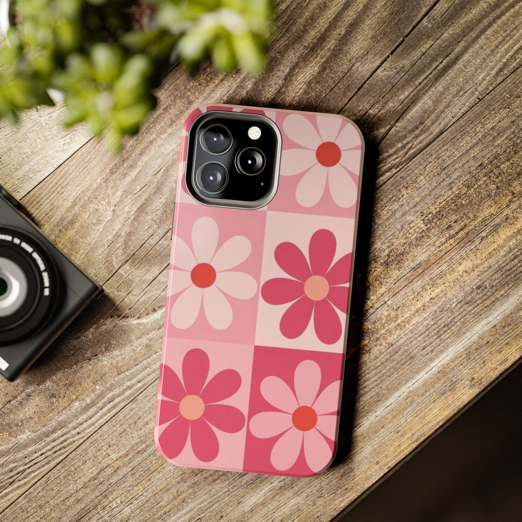 Pink Retro Daisy Phone Case — Tough Shockproof Floral iPhone Cover