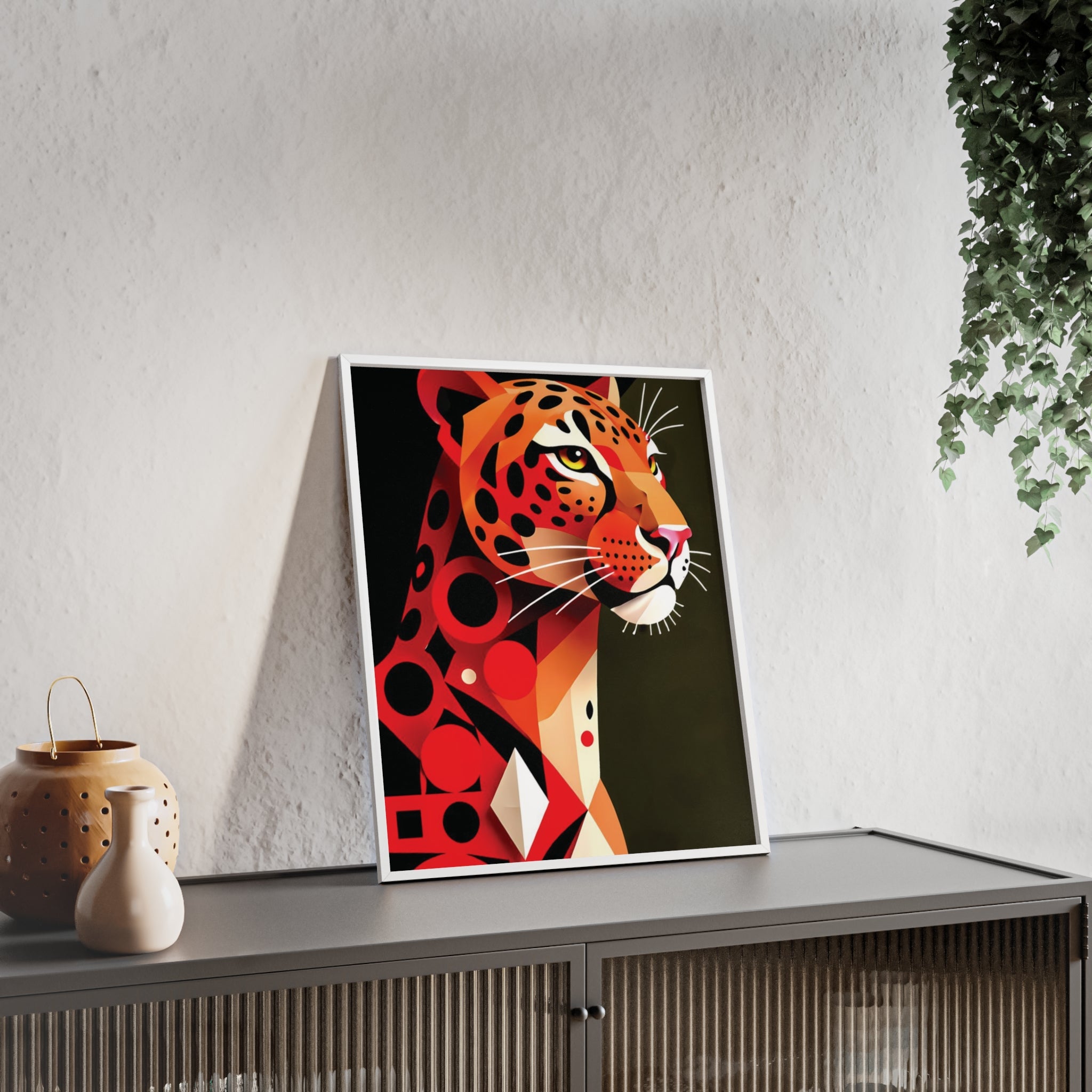 Geometric Leopard Art Poster with Wooden Frame — Bold Wildlife Wall Decor