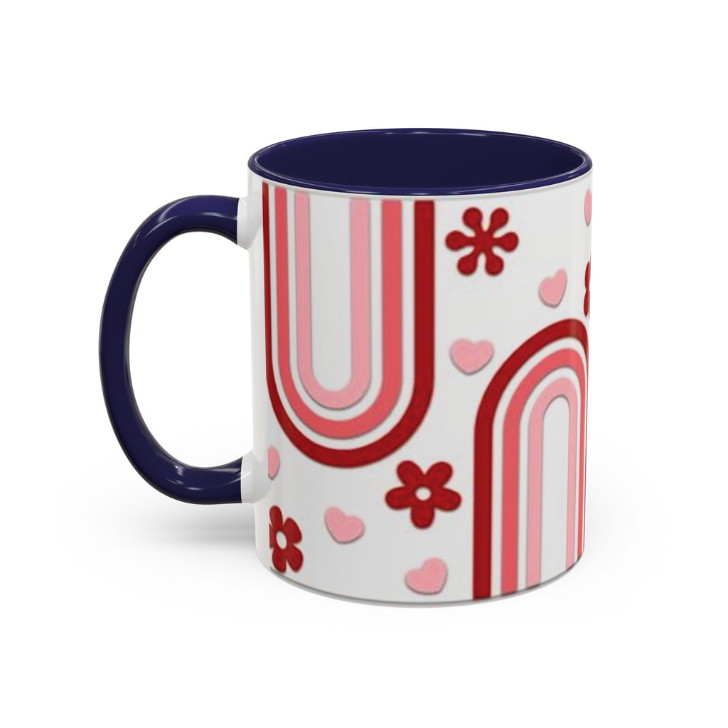 Retro Pink Rainbow Hearts and Flowers Accent Mug | 11oz or 15oz