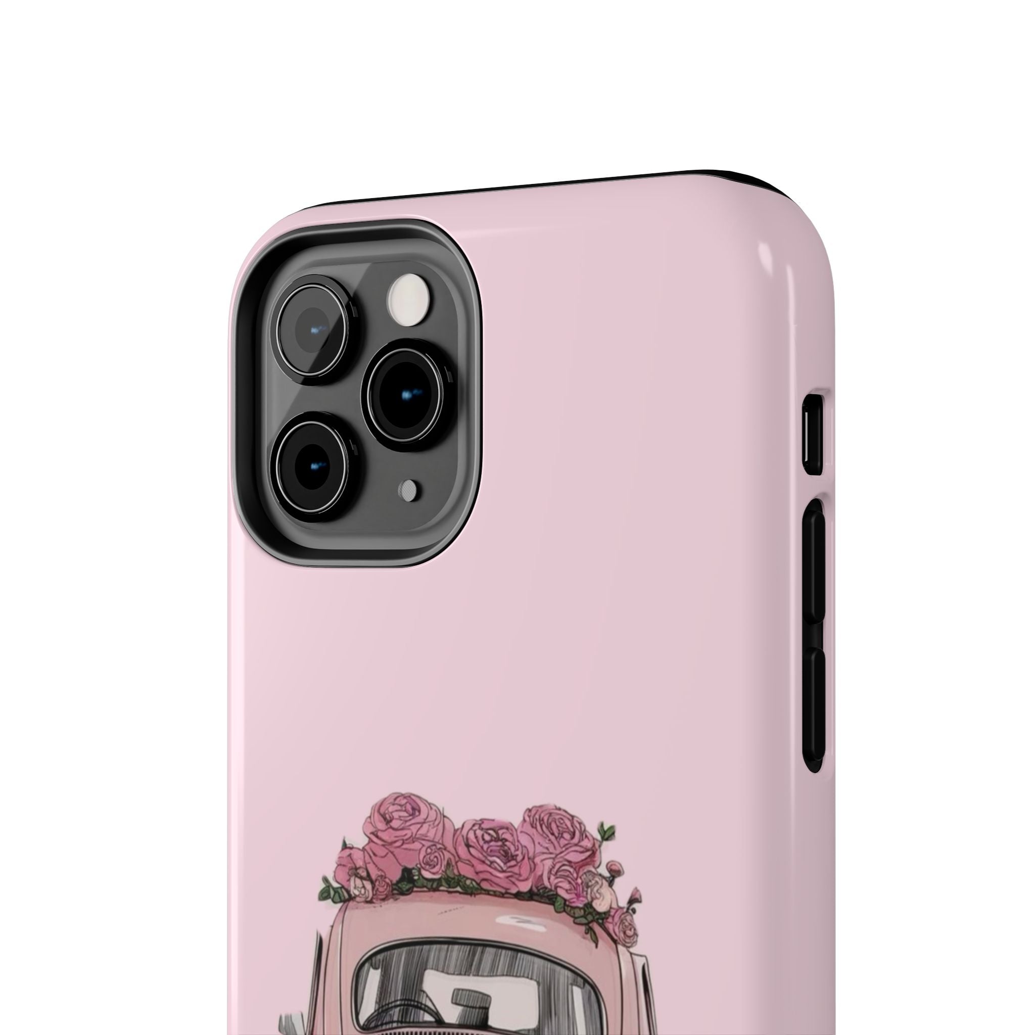 Vintage Pink Beetle with Roses Phone Case | Floral Car Tough Phone Case