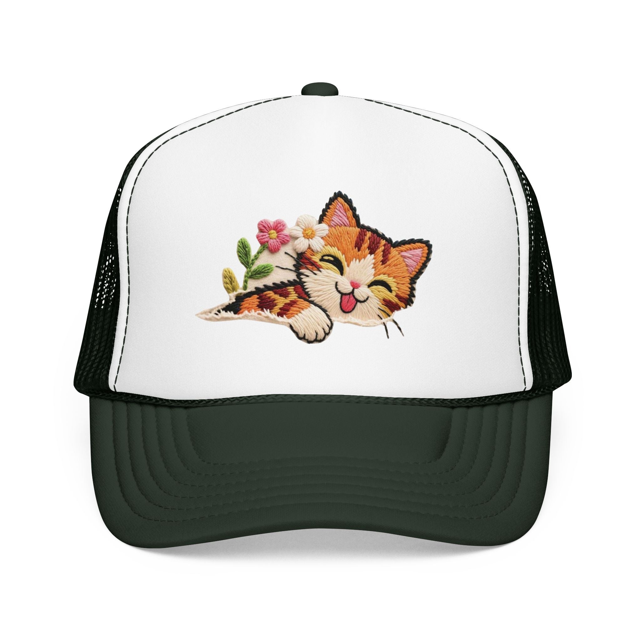 Trucker Hat — Cute Sleeping Calico Cat with Flowers Foam Mesh Cap