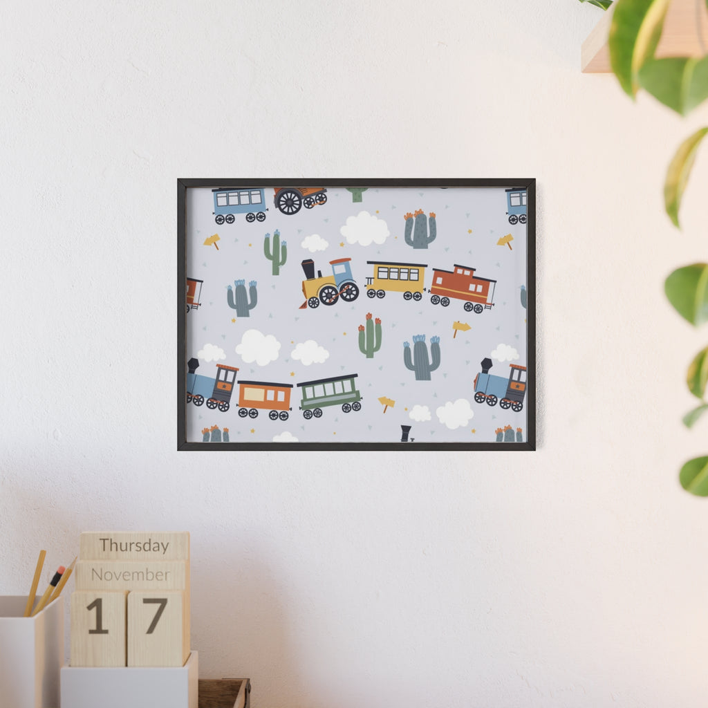 Kids' Train Poster with Wooden Frame — Nursery Wall Art, Playroom Decor