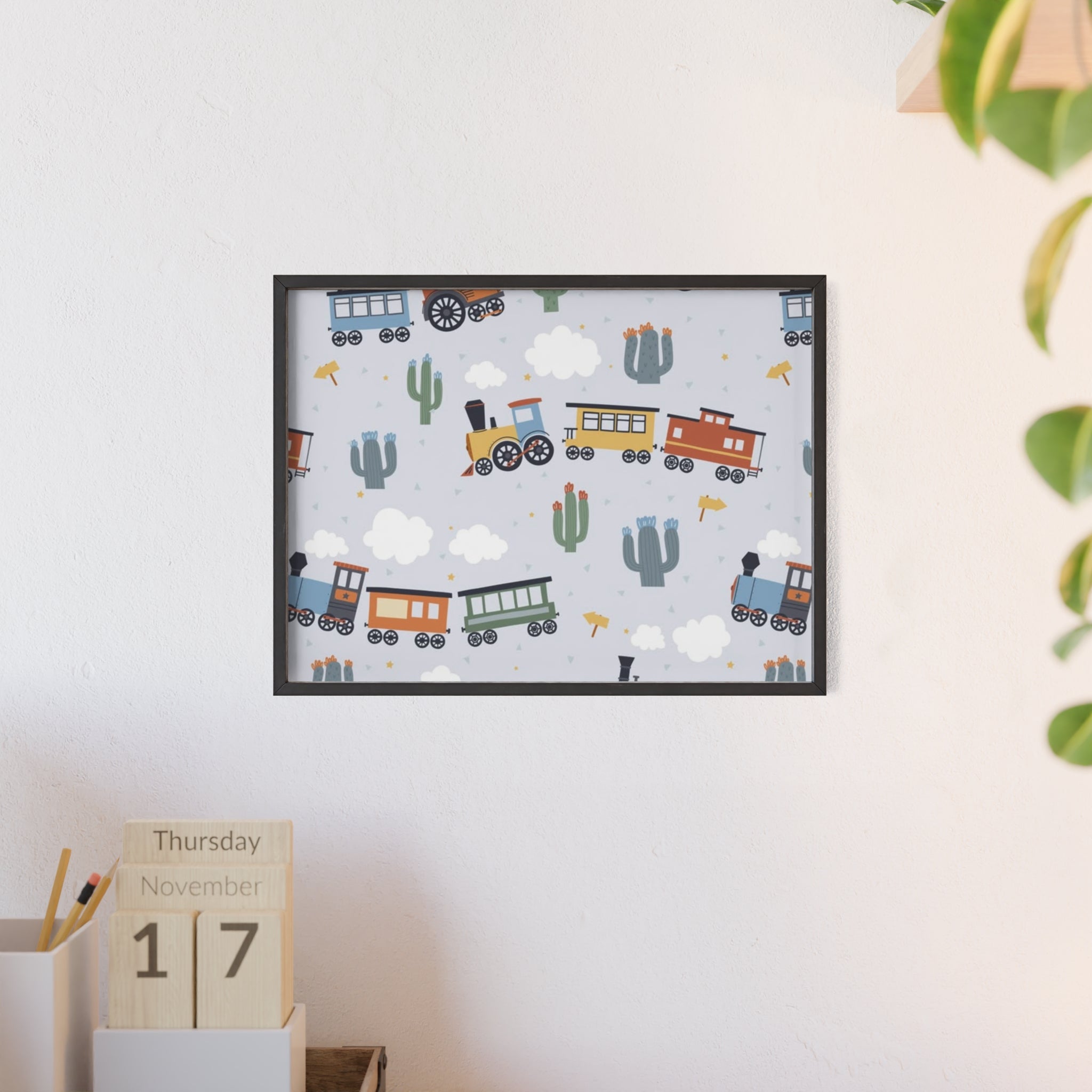 Kids' Train Poster with Wooden Frame — Nursery Wall Art, Playroom Decor