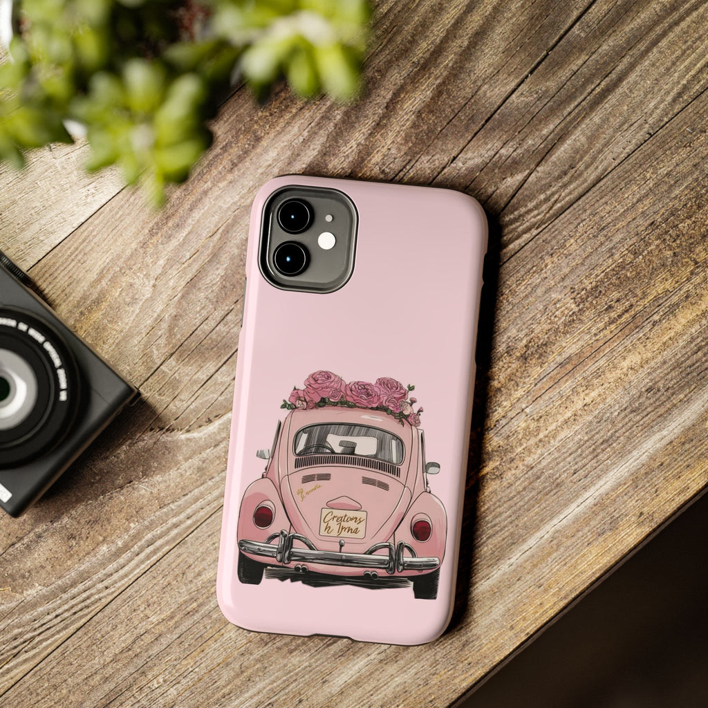 Vintage Pink Beetle with Roses Phone Case | Floral Car Tough Phone Case