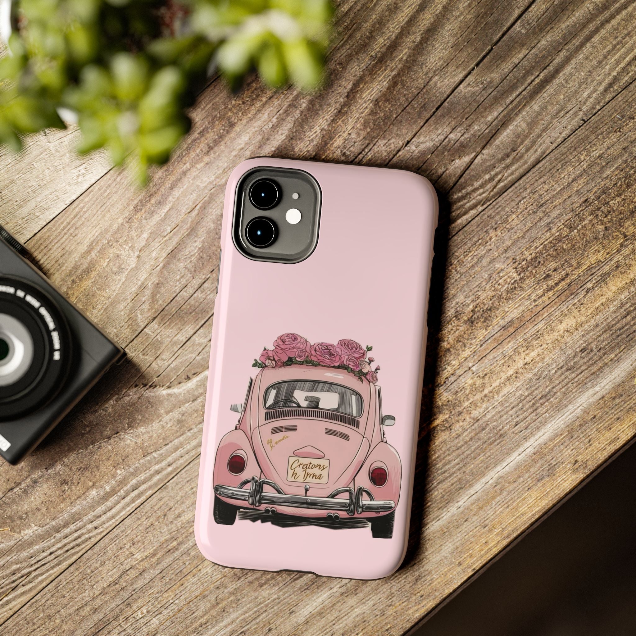 Vintage Pink Beetle with Roses Phone Case | Floral Car Tough Phone Case