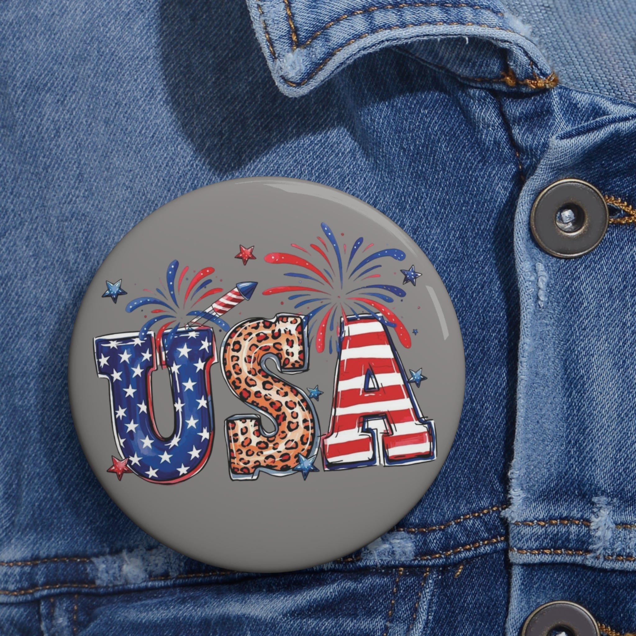 USA Leopard Stars Stripes Pin Button | Patriotic Flag Fireworks