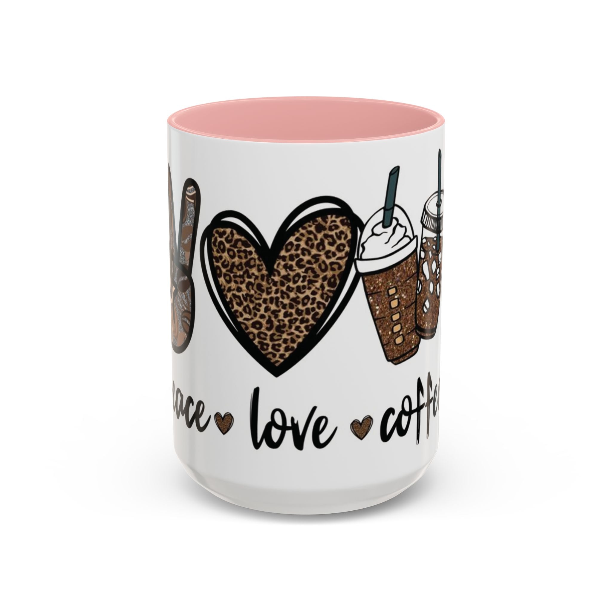 Coffee Love Accent Mug — Leopard Print Peace, Heart & Coffee Design (11/15oz)