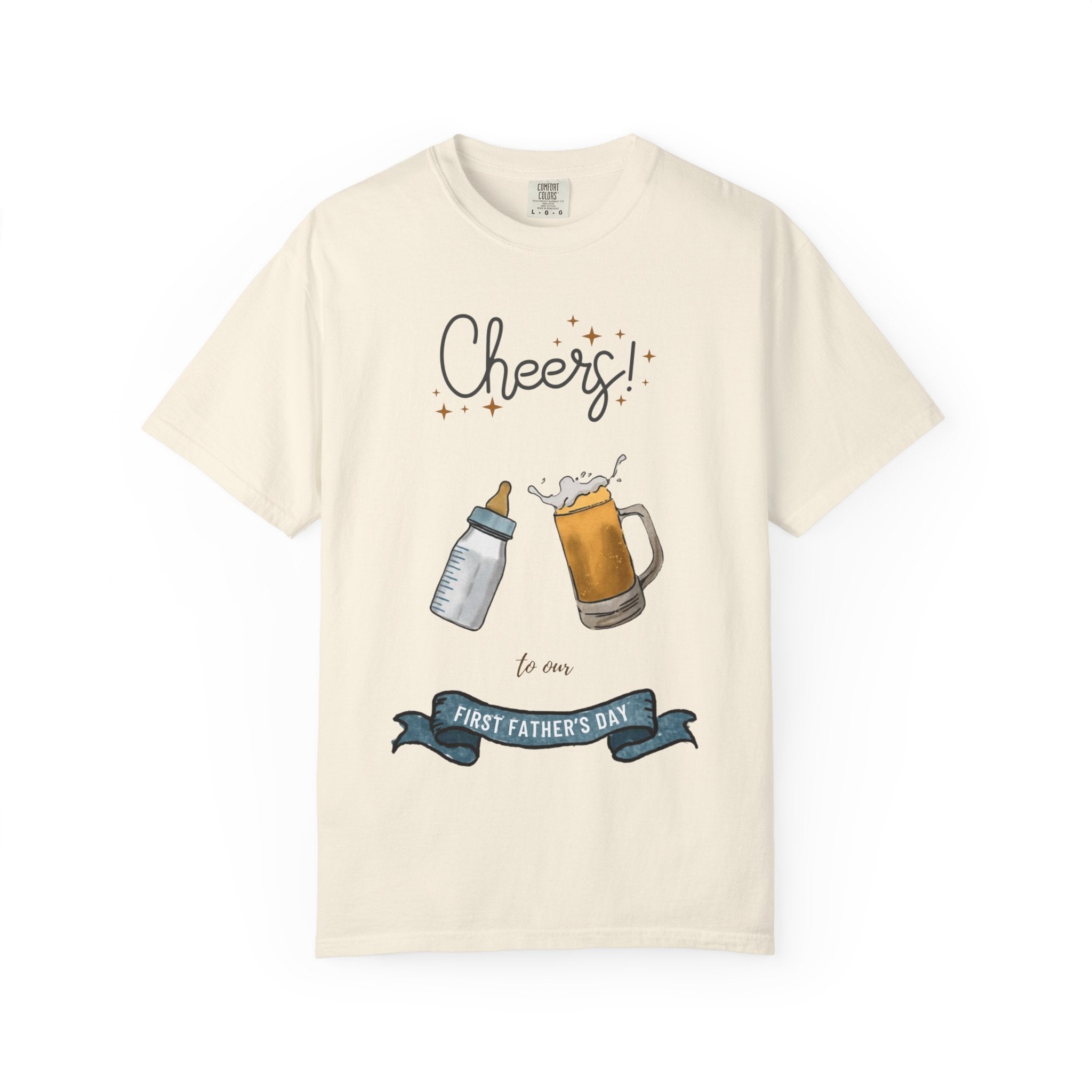 Cheers! Baby Bottle and Beer Mug First Father's Day T-Shirt | New Dad Tee