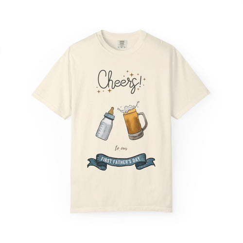Cheers! Baby Bottle and Beer Mug First Father's Day T-Shirt | New Dad Tee