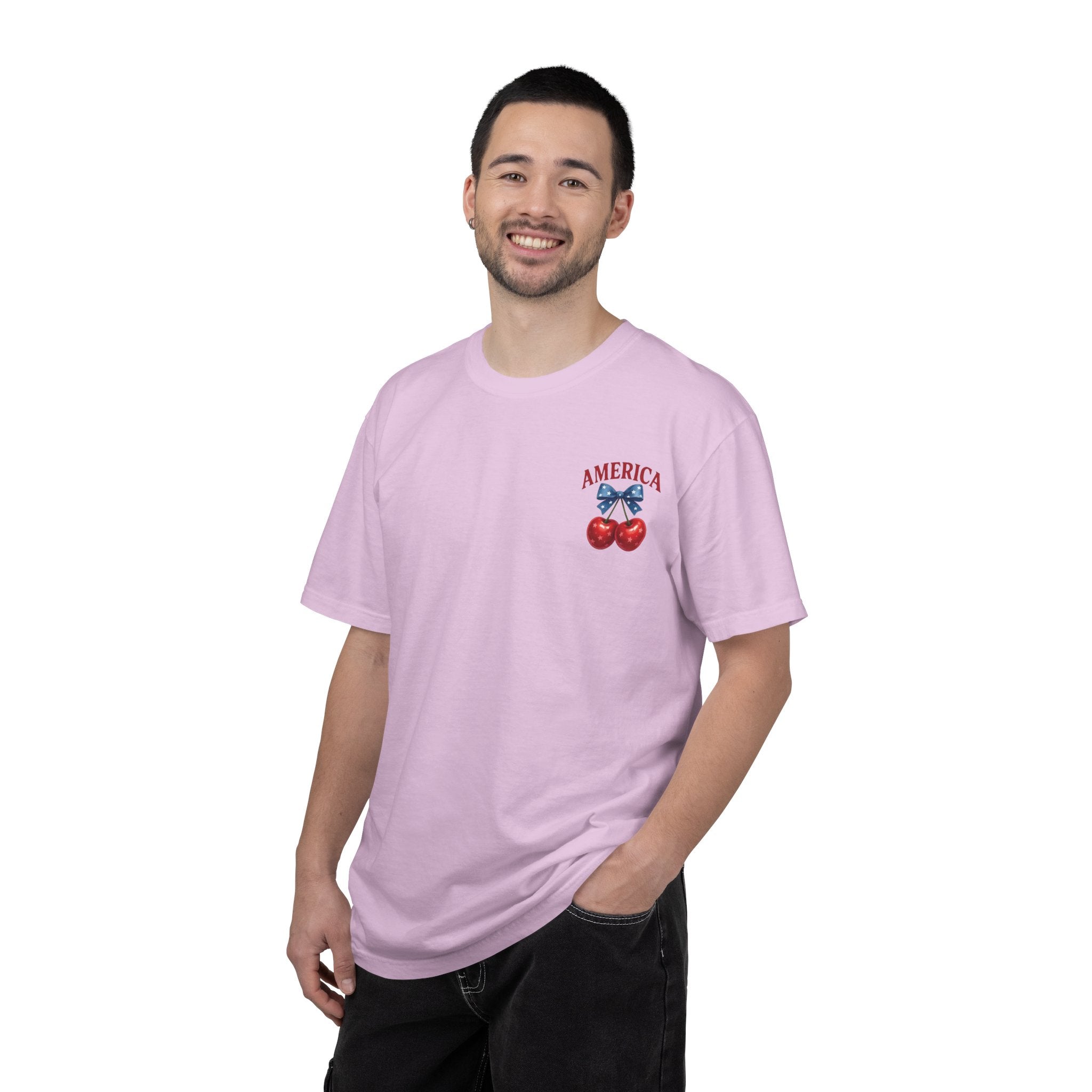 America Cherry Bow T-shirt | Patriotic Stars & Stripes Cherry Design