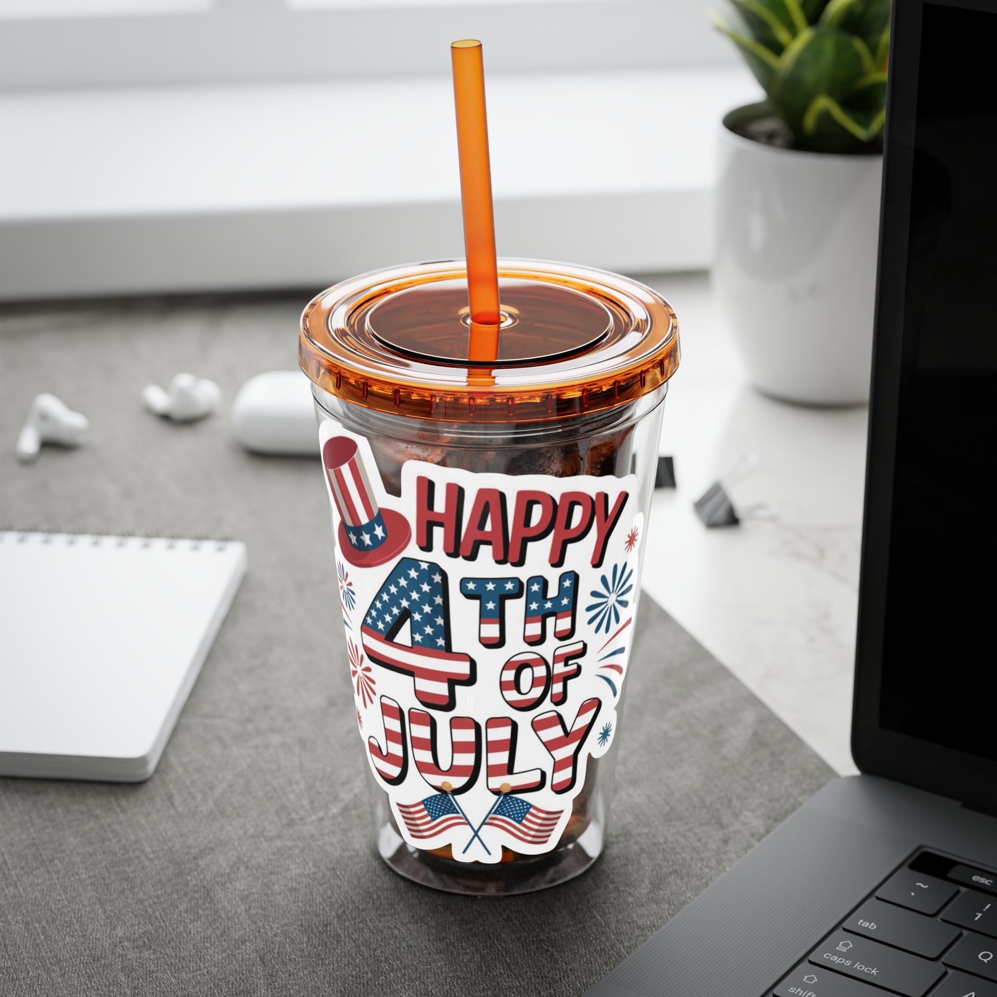 Happy 4th of July Tumbler | 16oz Straw Cup, Patriotic Fireworks Flag Design