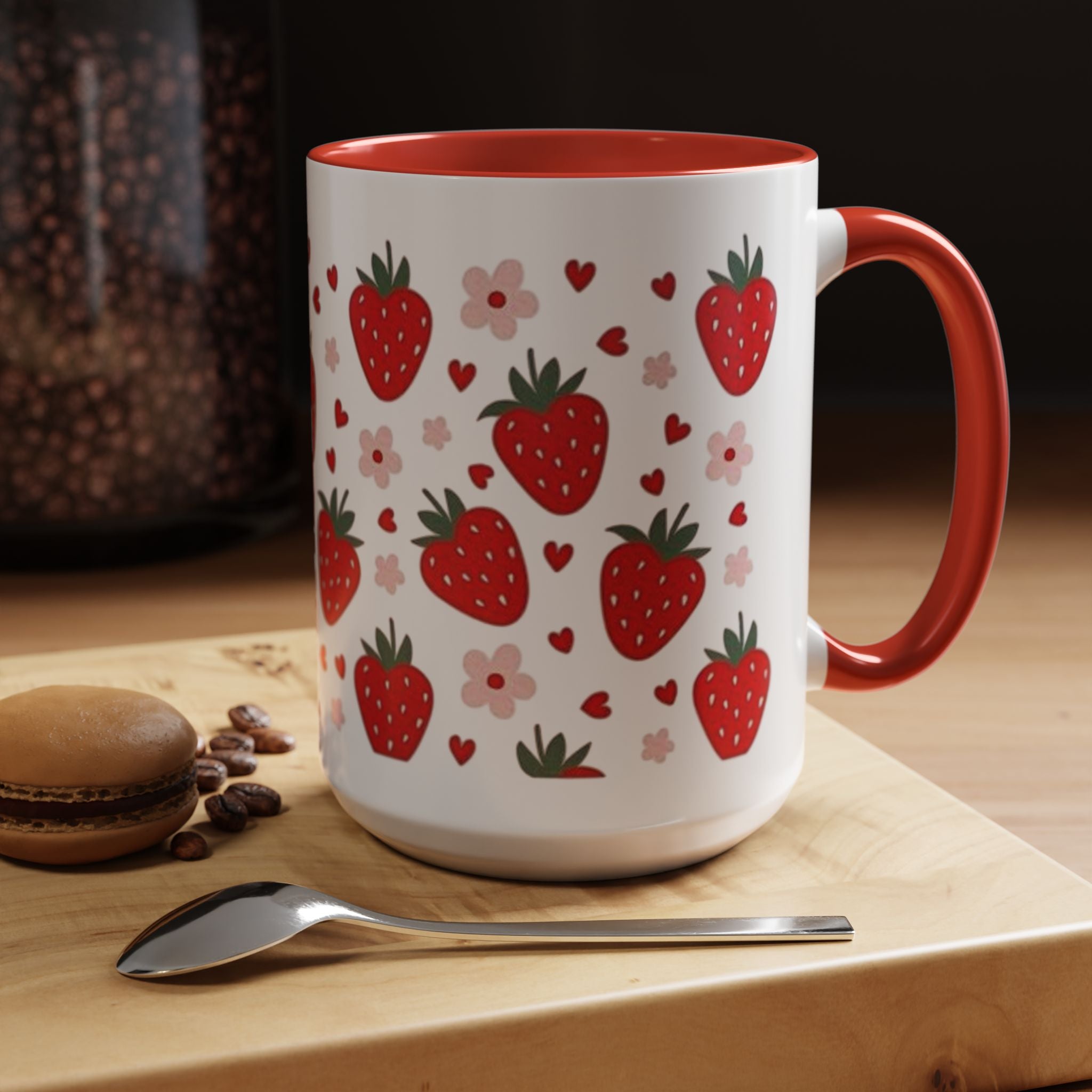 Strawberry Pattern Accent Coffee Mug — Cute Red Berries & Hearts 11/15oz