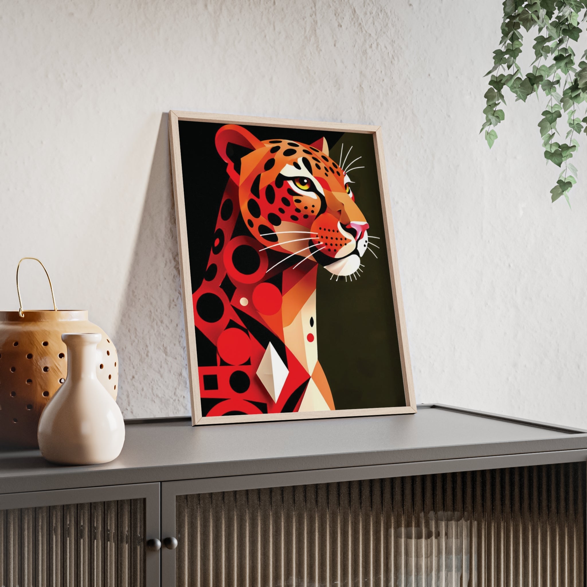 Geometric Leopard Art Poster with Wooden Frame — Bold Wildlife Wall Decor