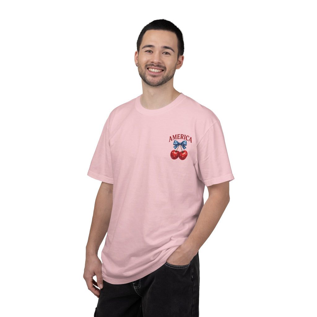 America Cherry Bow T-shirt | Patriotic Stars & Stripes Cherry Design