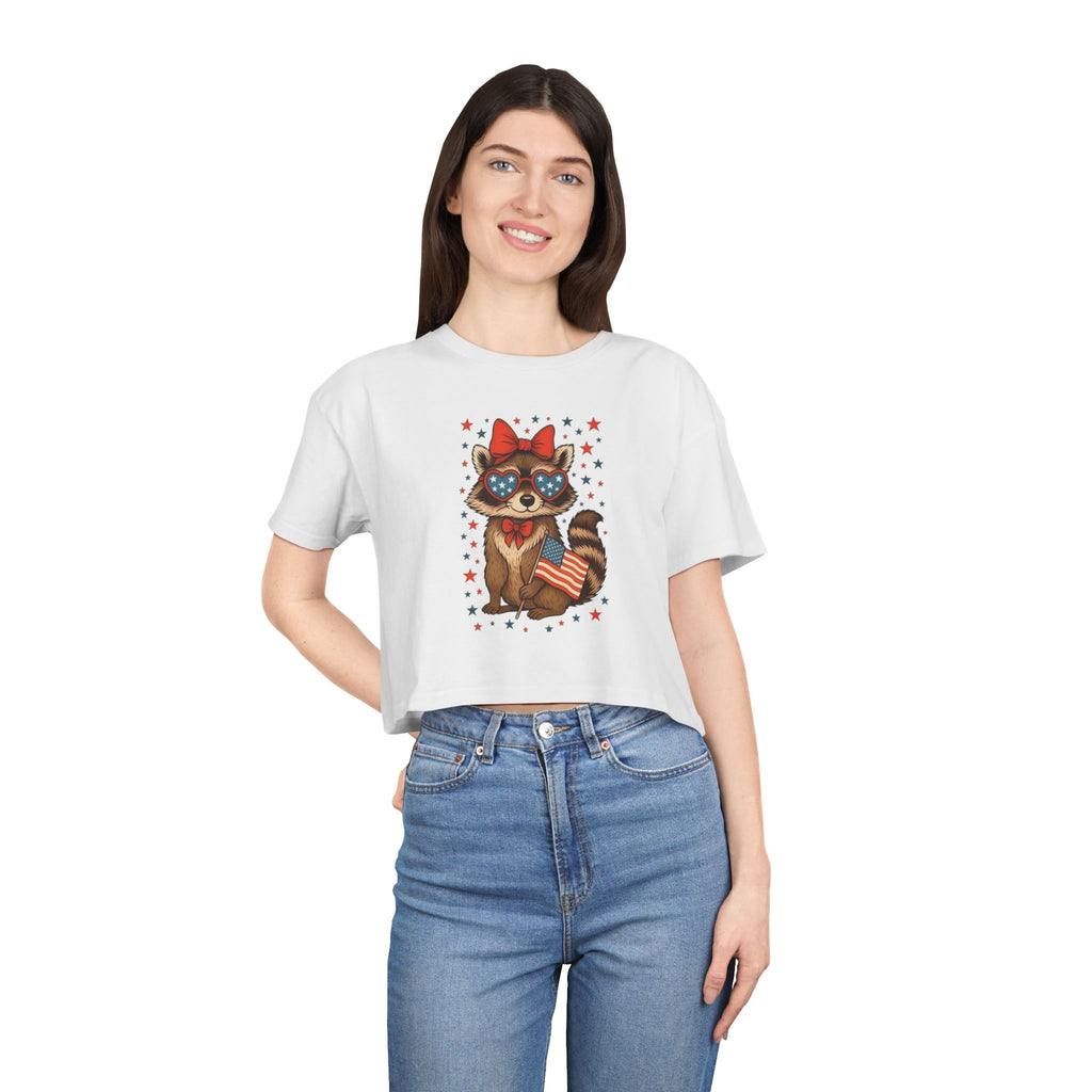 Patriotic Raccoon Heart Crop Tee | 4th of July Stars & Stripes