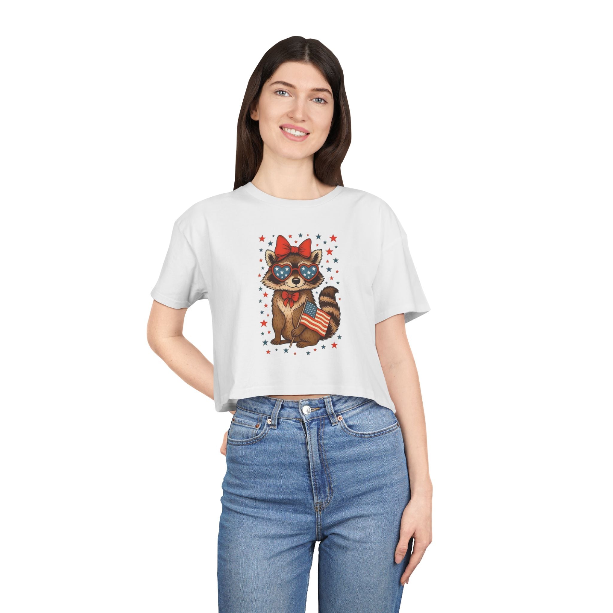 Patriotic Raccoon Heart Crop Tee | 4th of July Stars & Stripes