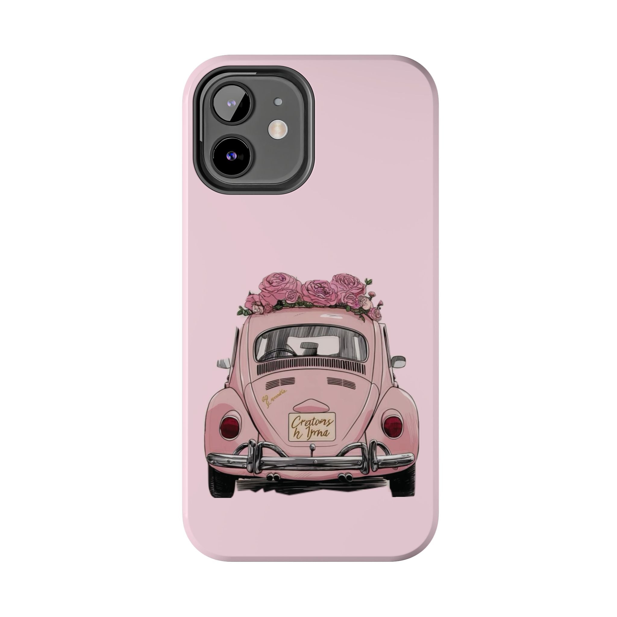 Vintage Pink Beetle with Roses Phone Case | Floral Car Tough Phone Case