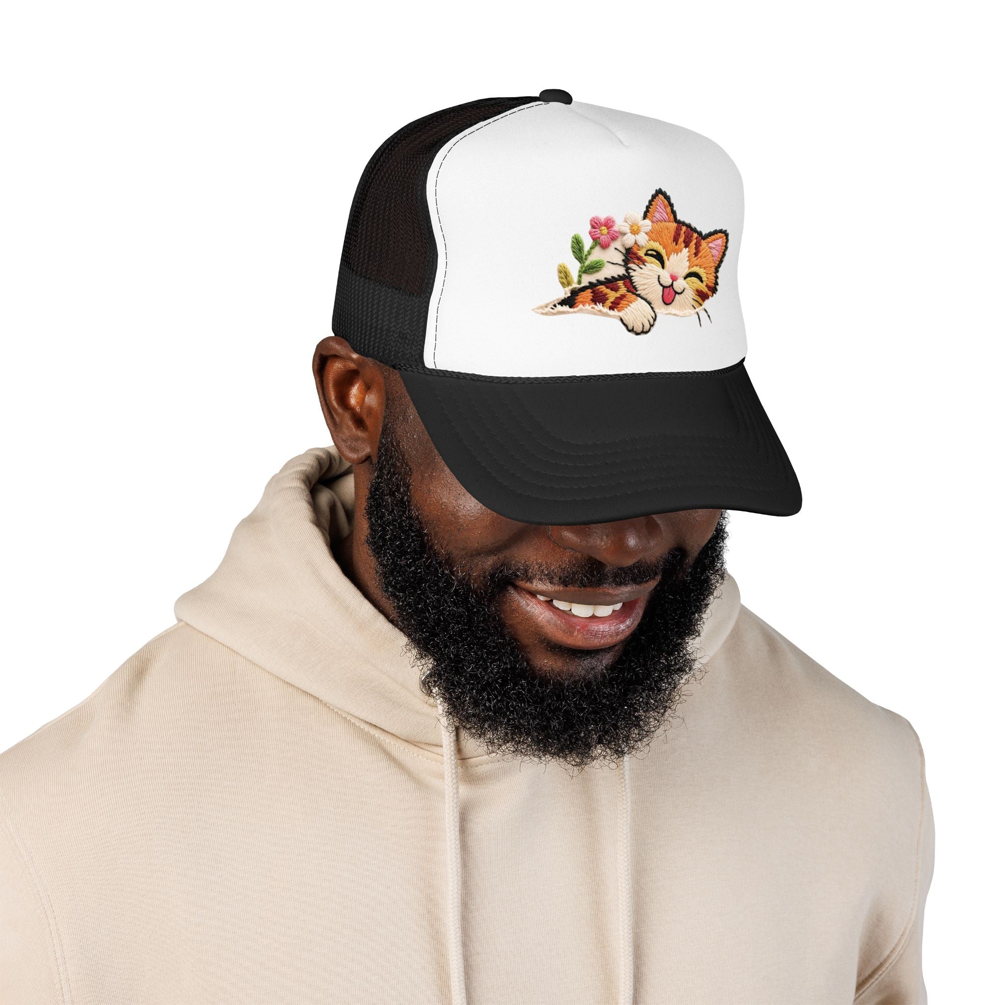 Trucker Hat — Cute Sleeping Calico Cat with Flowers Foam Mesh Cap