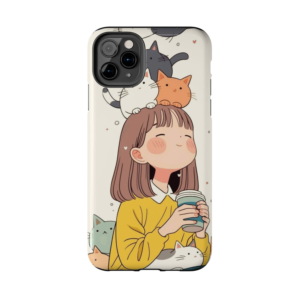 Girl with Cats Phone Case | Cute Cat Stack Illustration