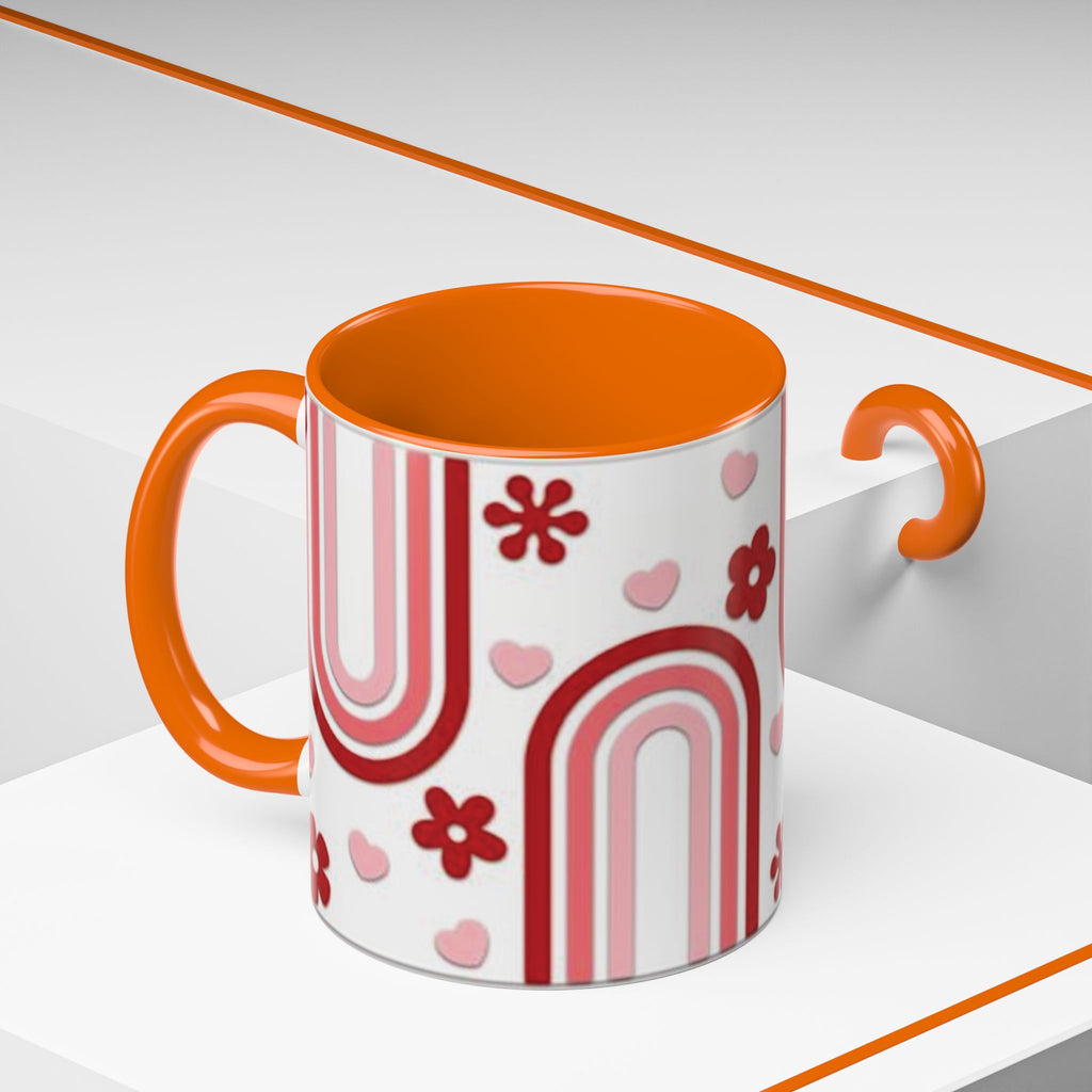 Retro Pink Rainbow Hearts and Flowers Accent Mug | 11oz or 15oz