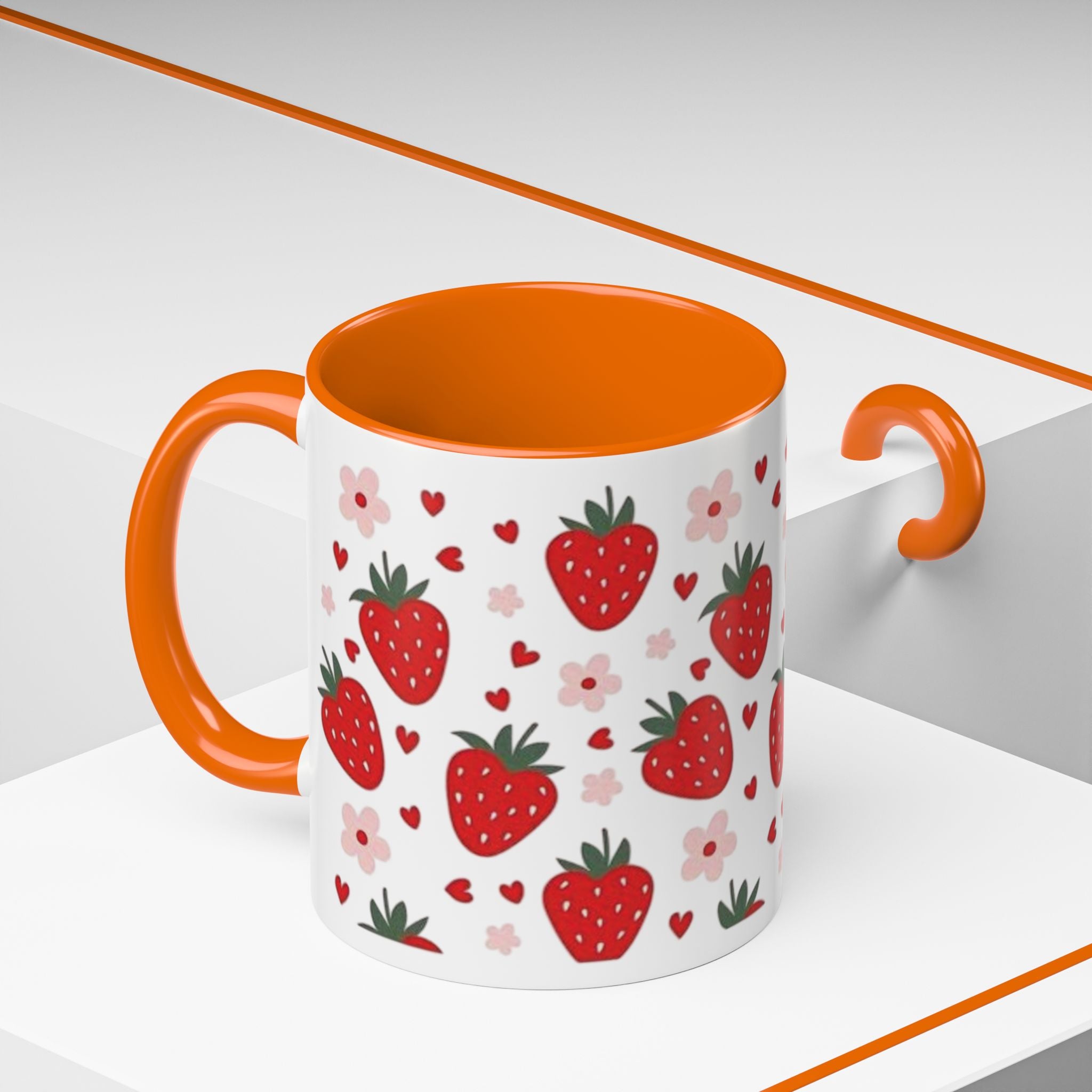 Strawberry Pattern Accent Coffee Mug — Cute Red Berries & Hearts 11/15oz
