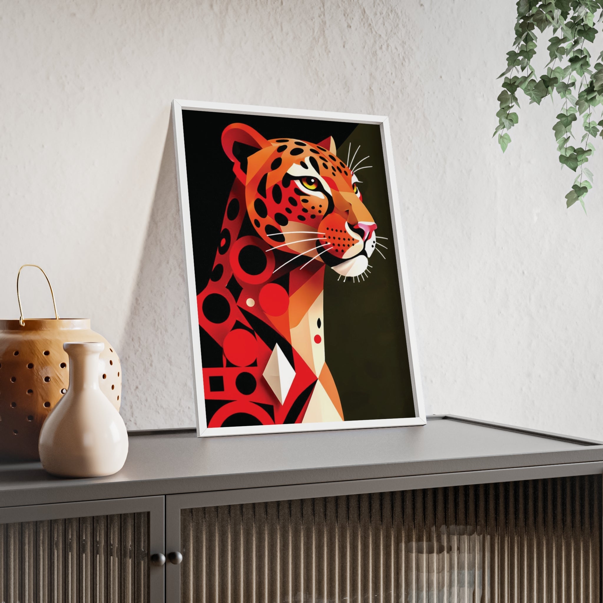 Geometric Leopard Art Poster with Wooden Frame — Bold Wildlife Wall Decor