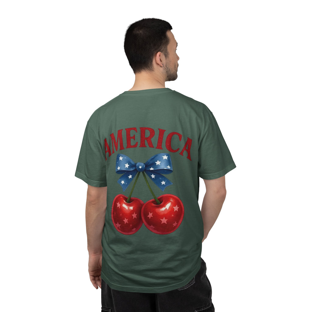 America Cherry Bow T-shirt | Patriotic Stars & Stripes Cherry Design